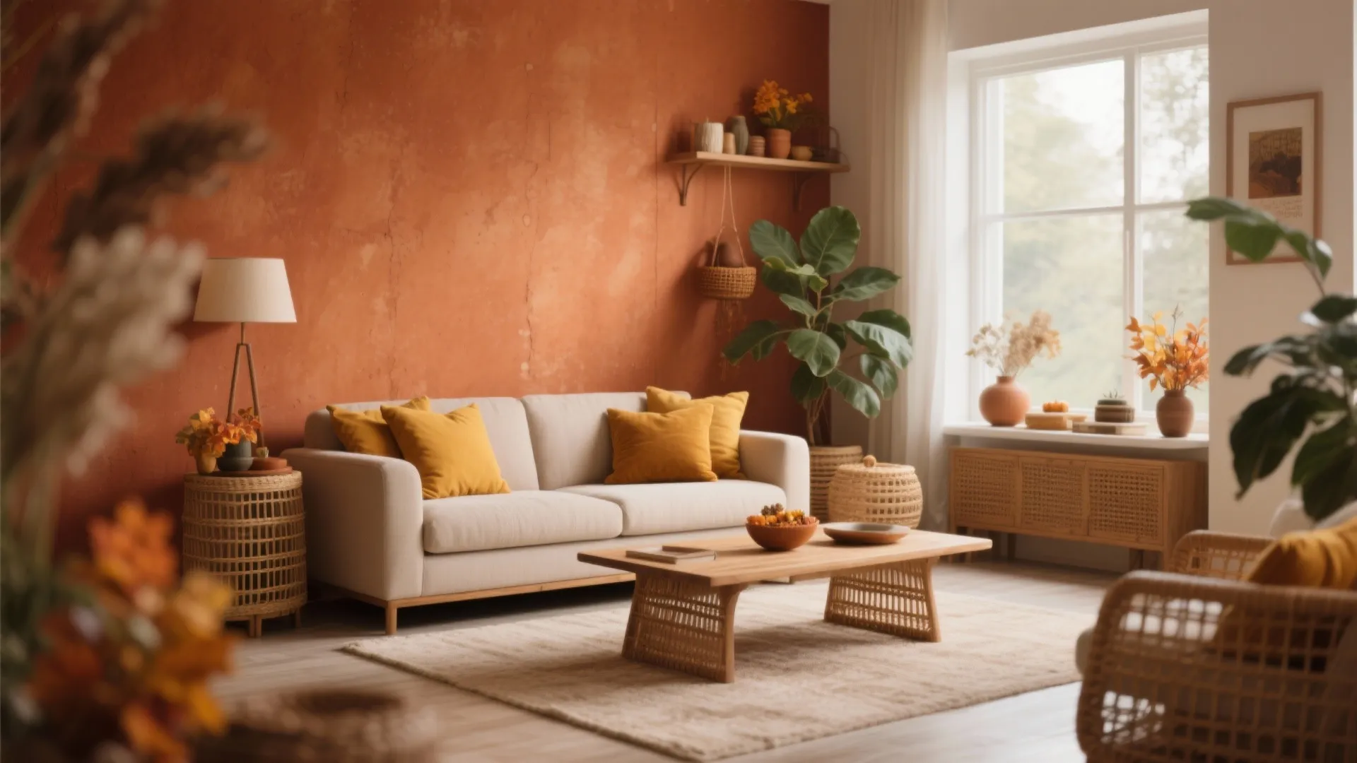 Warm living room featuring orange wall, white sofa, yellow pillows, wooden table, and indoor plants