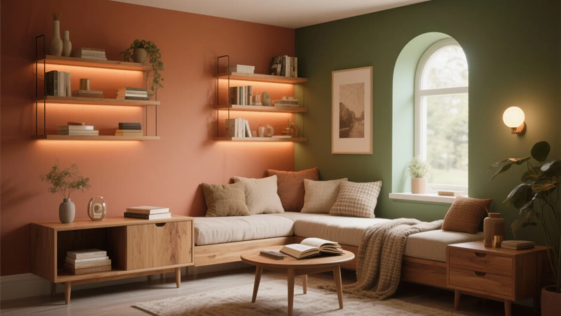 Cozy living room with orange and green walls plus wooden sofa and floating wall shelves