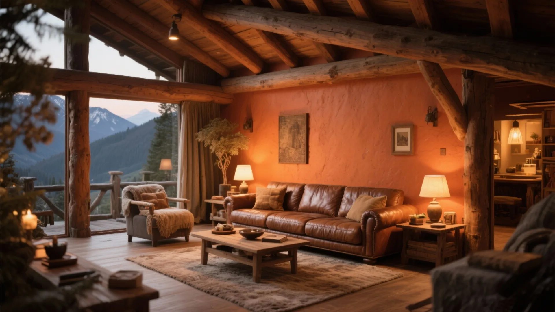 Cozy rustic living room with brown leather sofa wooden coffee table and orange plaster wall