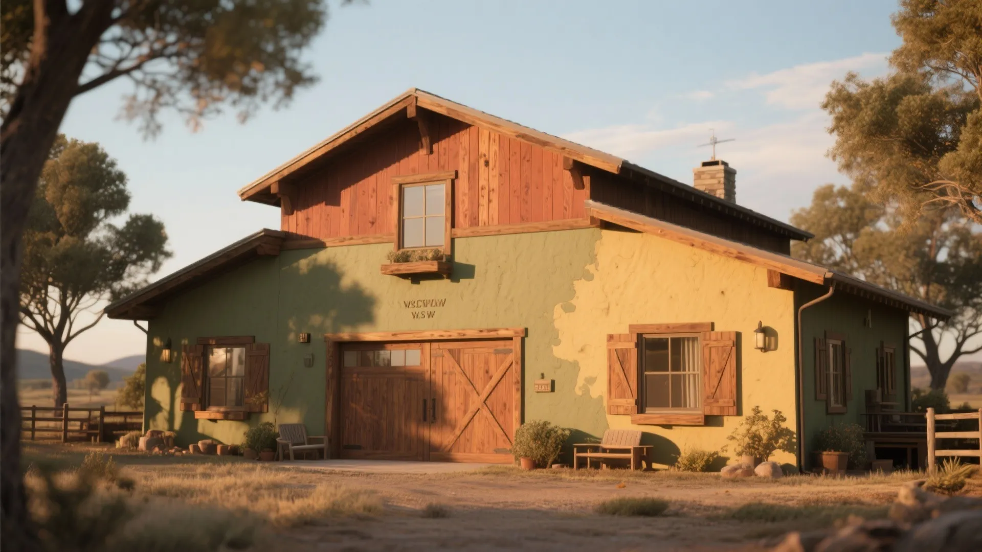 Ranch exterior in warm earth tones with natural wood trim under warm late-afternoon light.