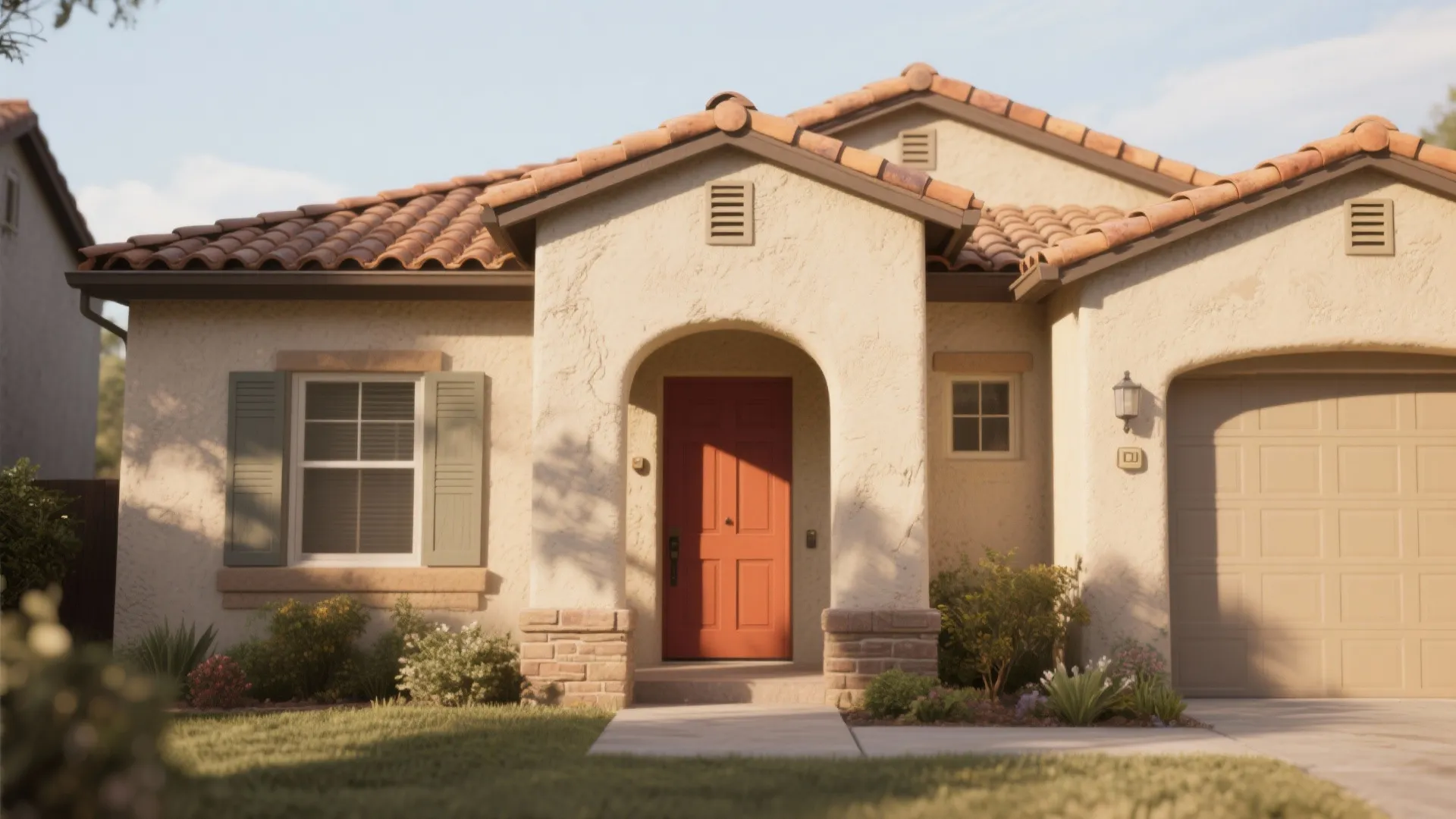 Orange front door of a stucco house with red tile roof green shutters and lawn