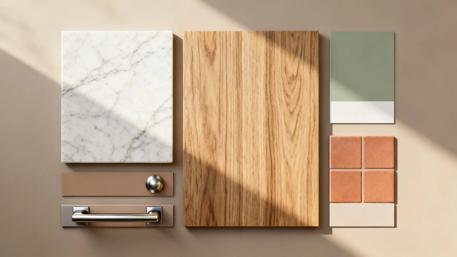 Interior design material board with marble tile wood plank green color sample and metal door handles