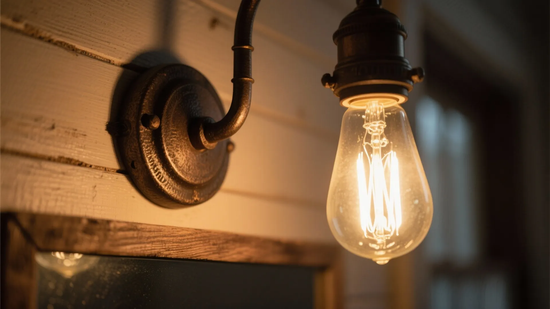 Vintage wall light with a glowing light bulb on white wood paneling in a room