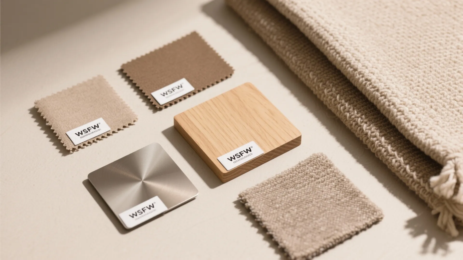 Flatlay of warm performance fabric and material samples for a swivel recliner scheme.