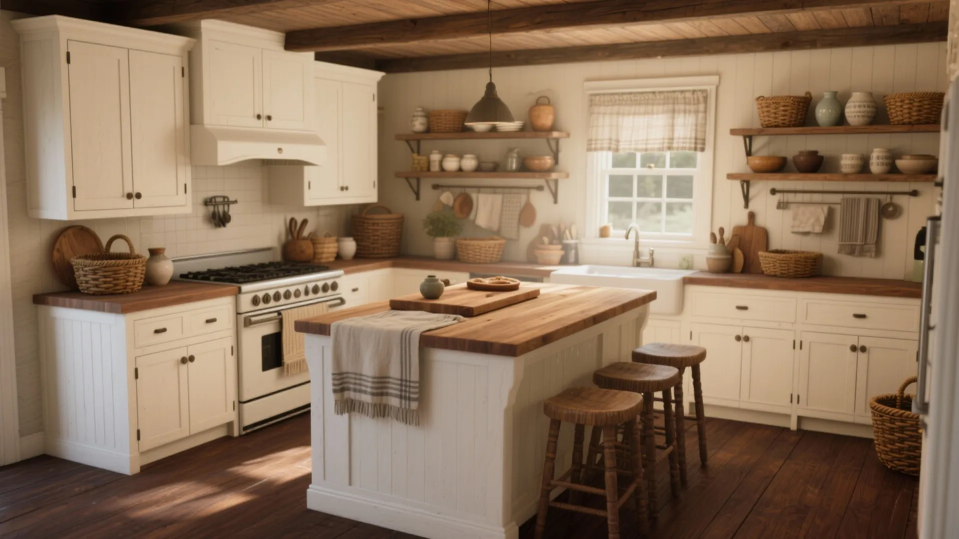 Rustic farmhouse kitchen with wood beams white cabinets wooden island three stools and open shelves