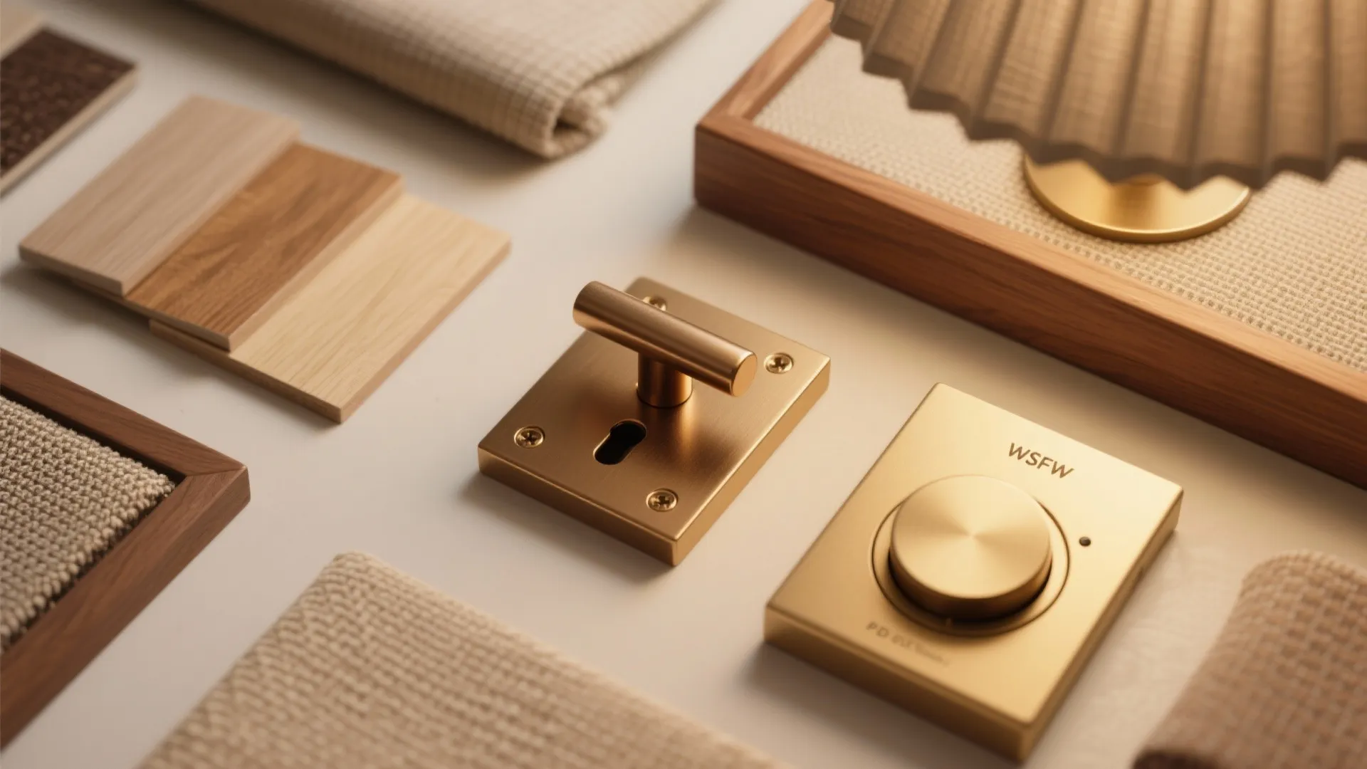 Top-down flat lay of brushed brass, bronze, light oak samples, and fabric shade swatches in warm daylight.