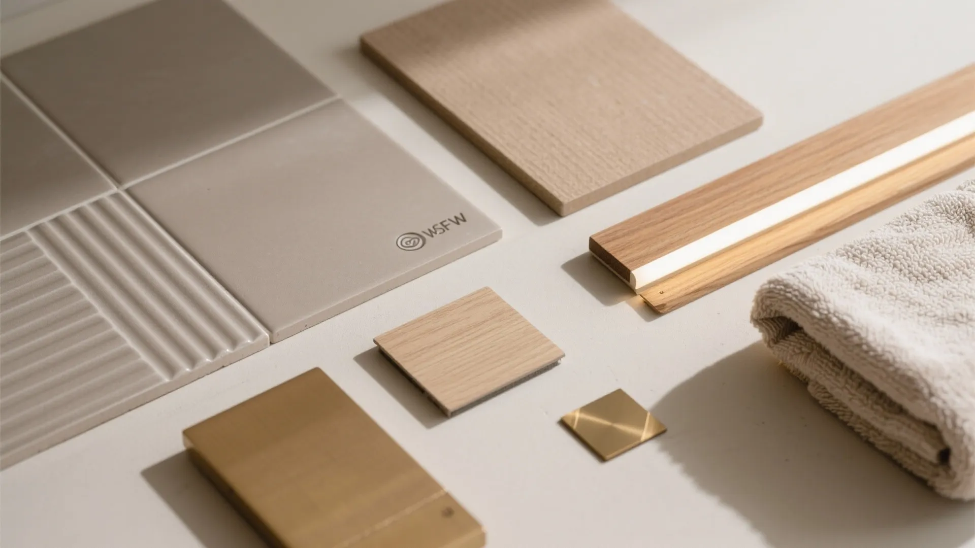 Flatlay of interior design materials including beige tiles, wood samples, gold metal, and white towel