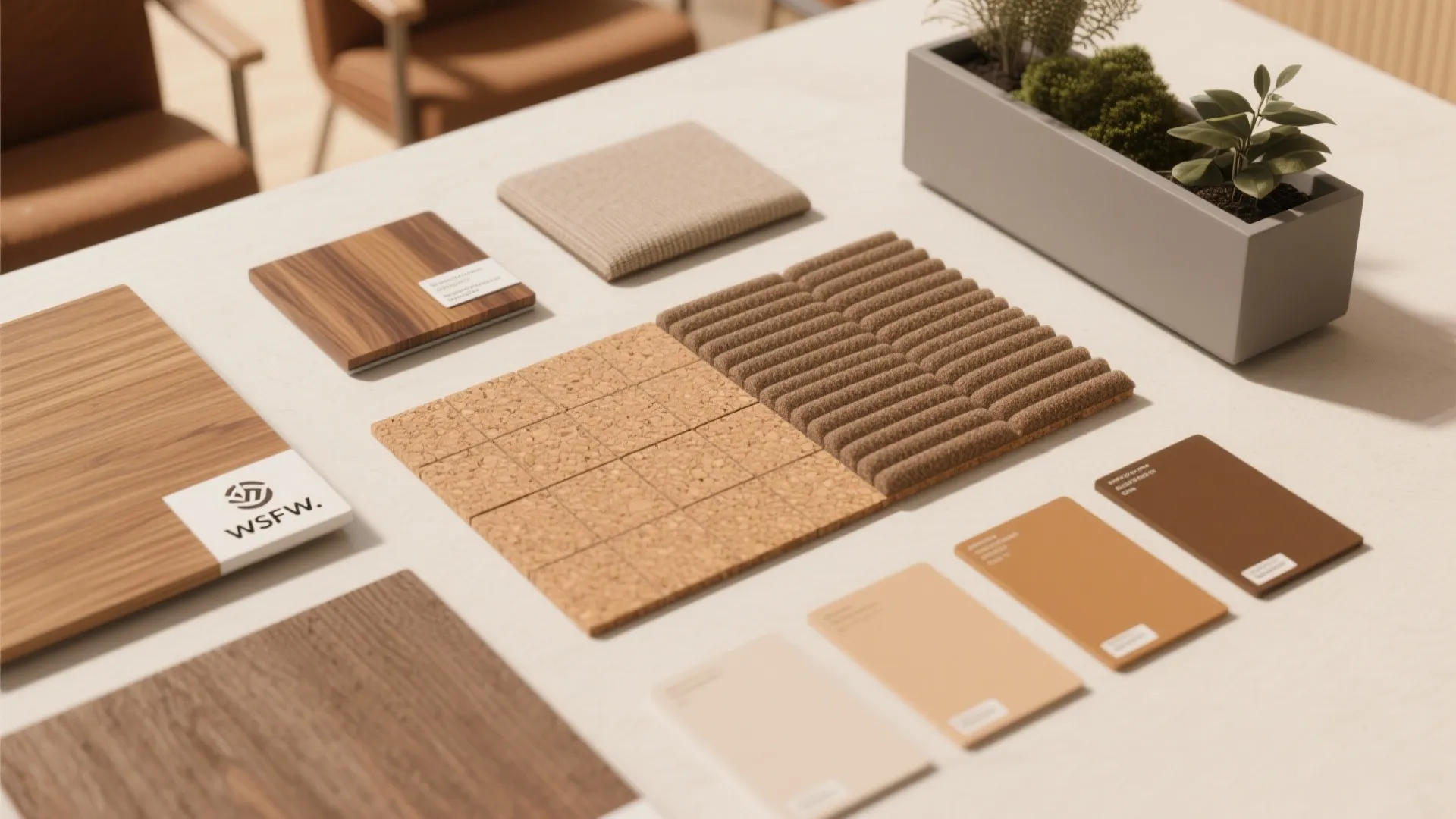 Interior design material board with wood samples fabric swatches cork tiles and small green potted plant