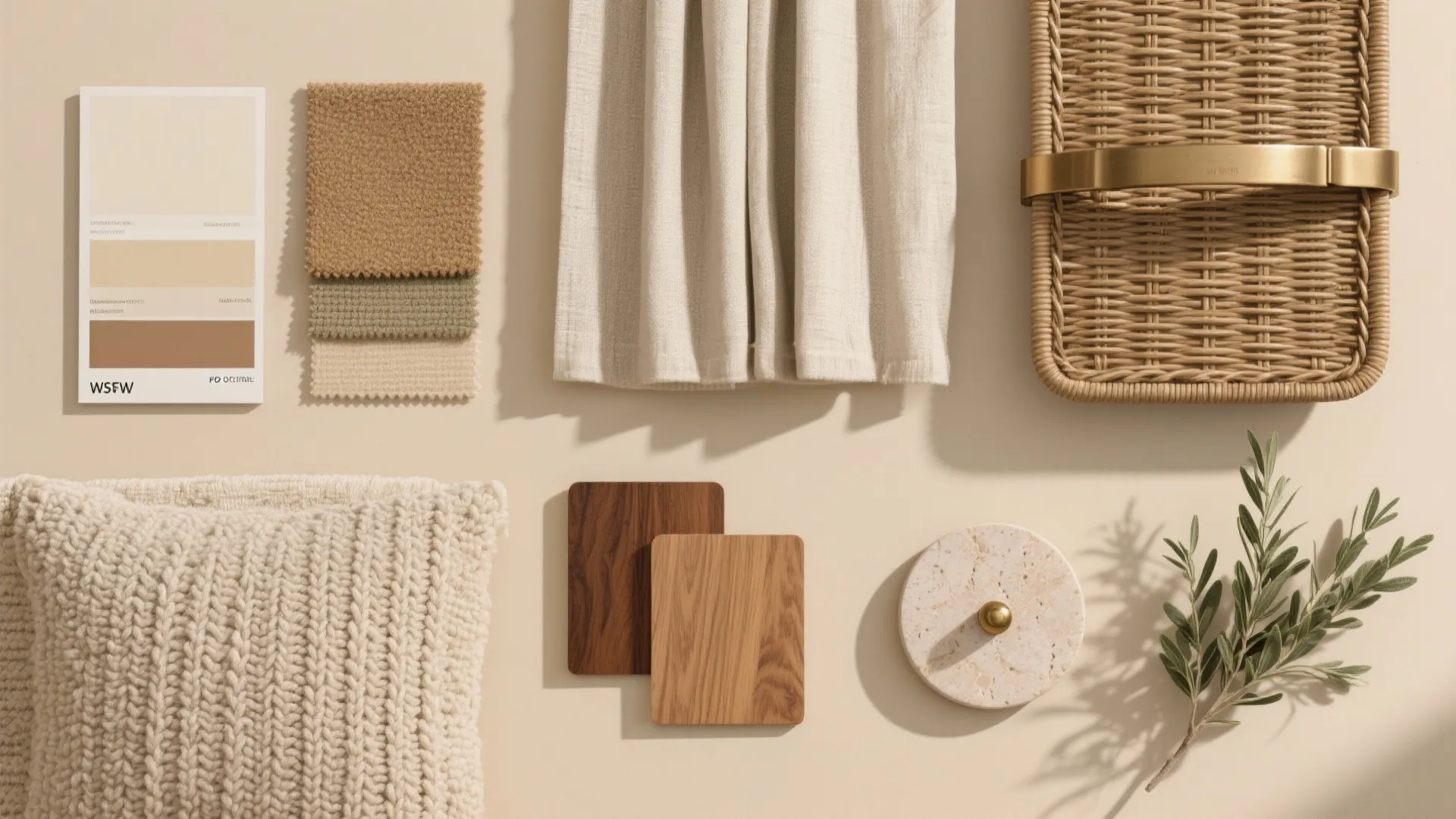 Interior design mood board with fabric swatches wooden tiles neutral curtain and a woven basket