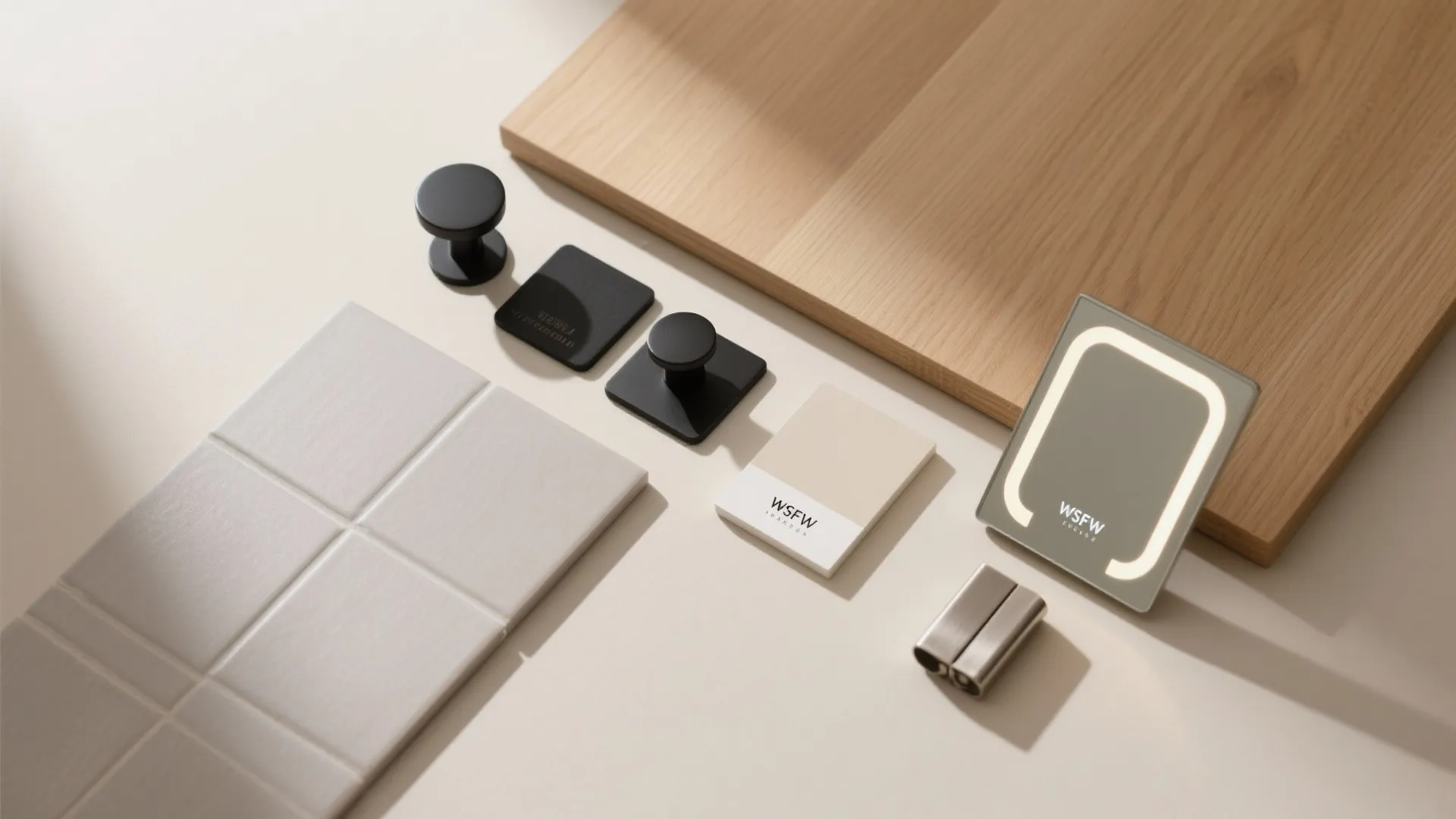 Interior material flatlay including wood panel grey tiles black drawer knobs and neutral color swatches collection