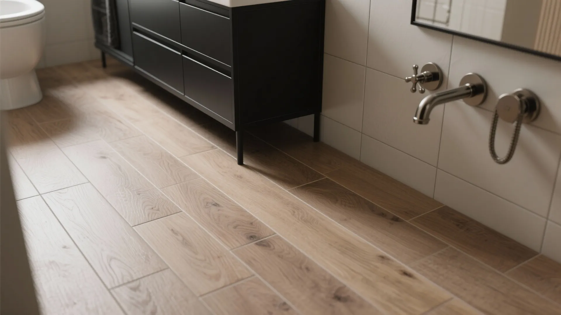 Modern bathroom interior featuring light wood flooring black vanity cabinet white wall tiles and faucet