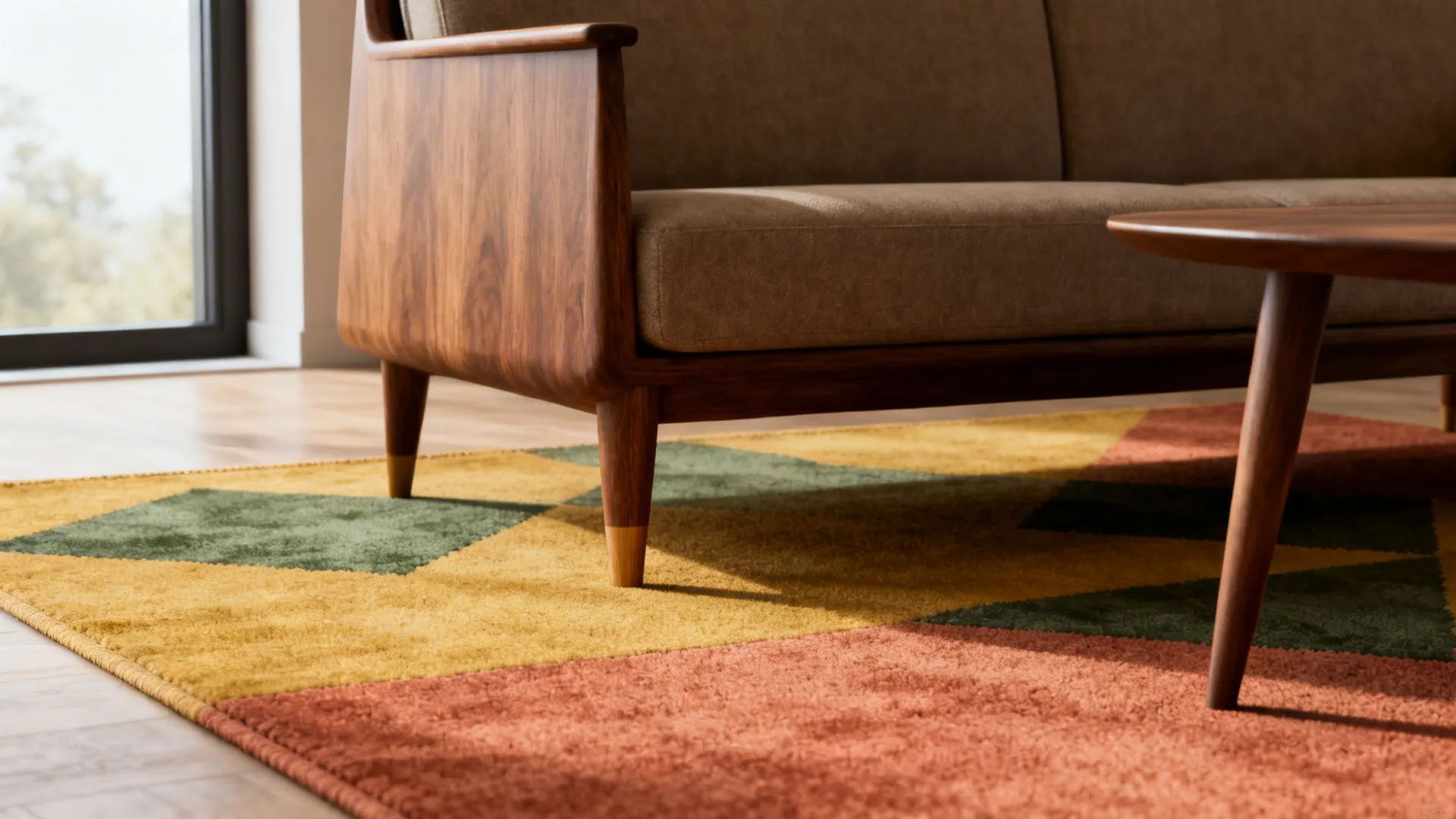 Warm geometric rug in mustard, olive and terracotta tying together walnut furniture.