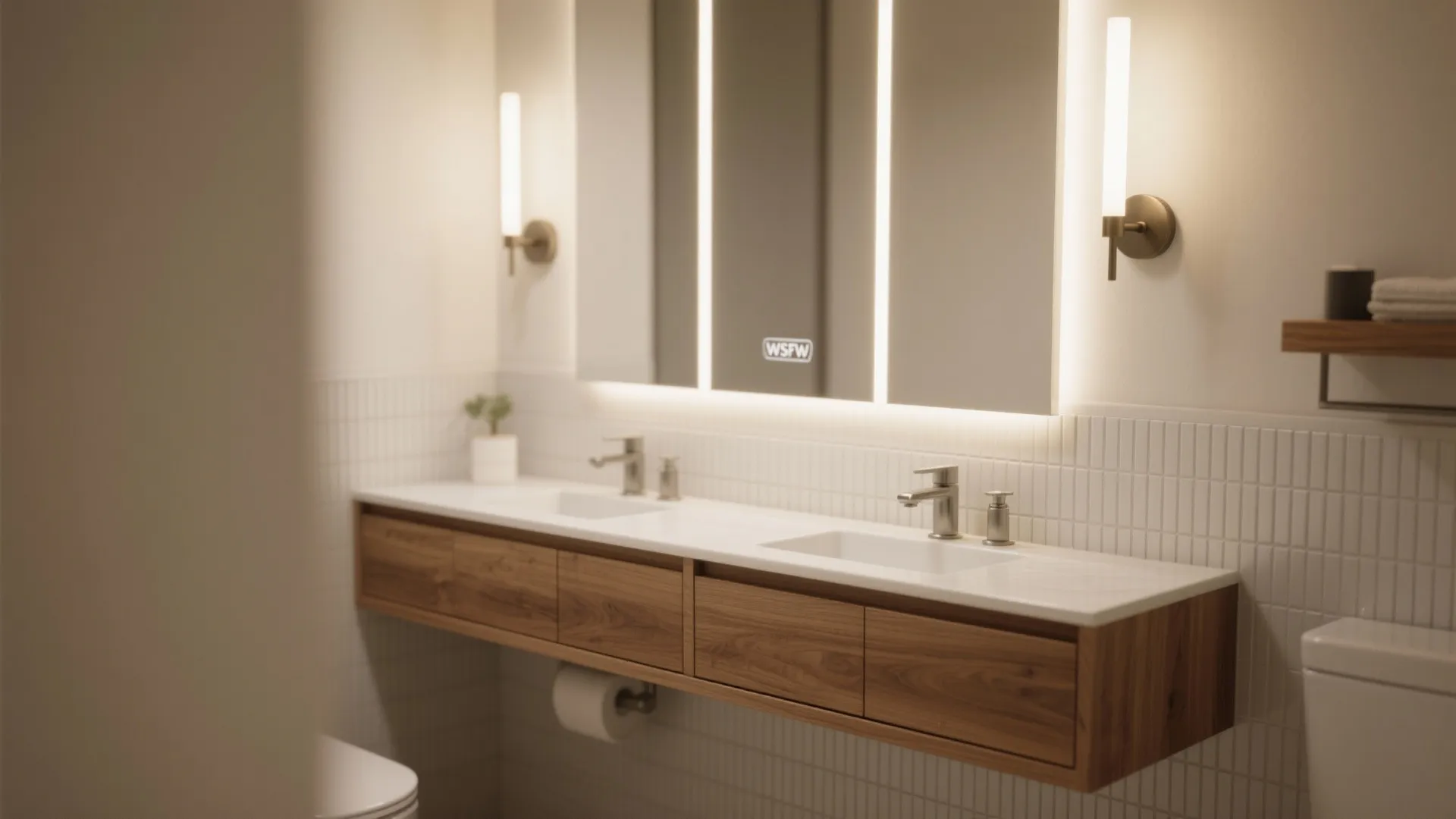 Warmth and glow: wood accents with layered lighting