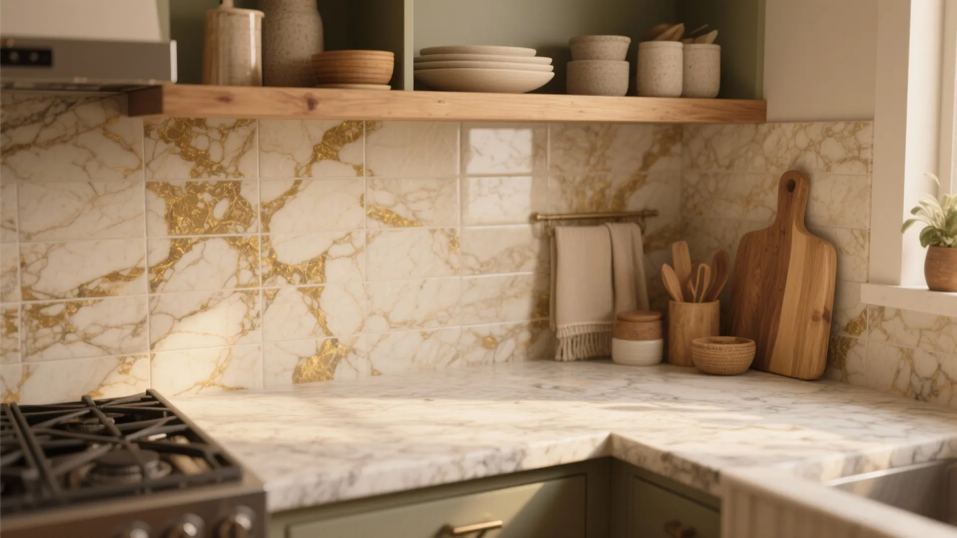 3. Warm Toned Granite with Textured Stone Backsplash