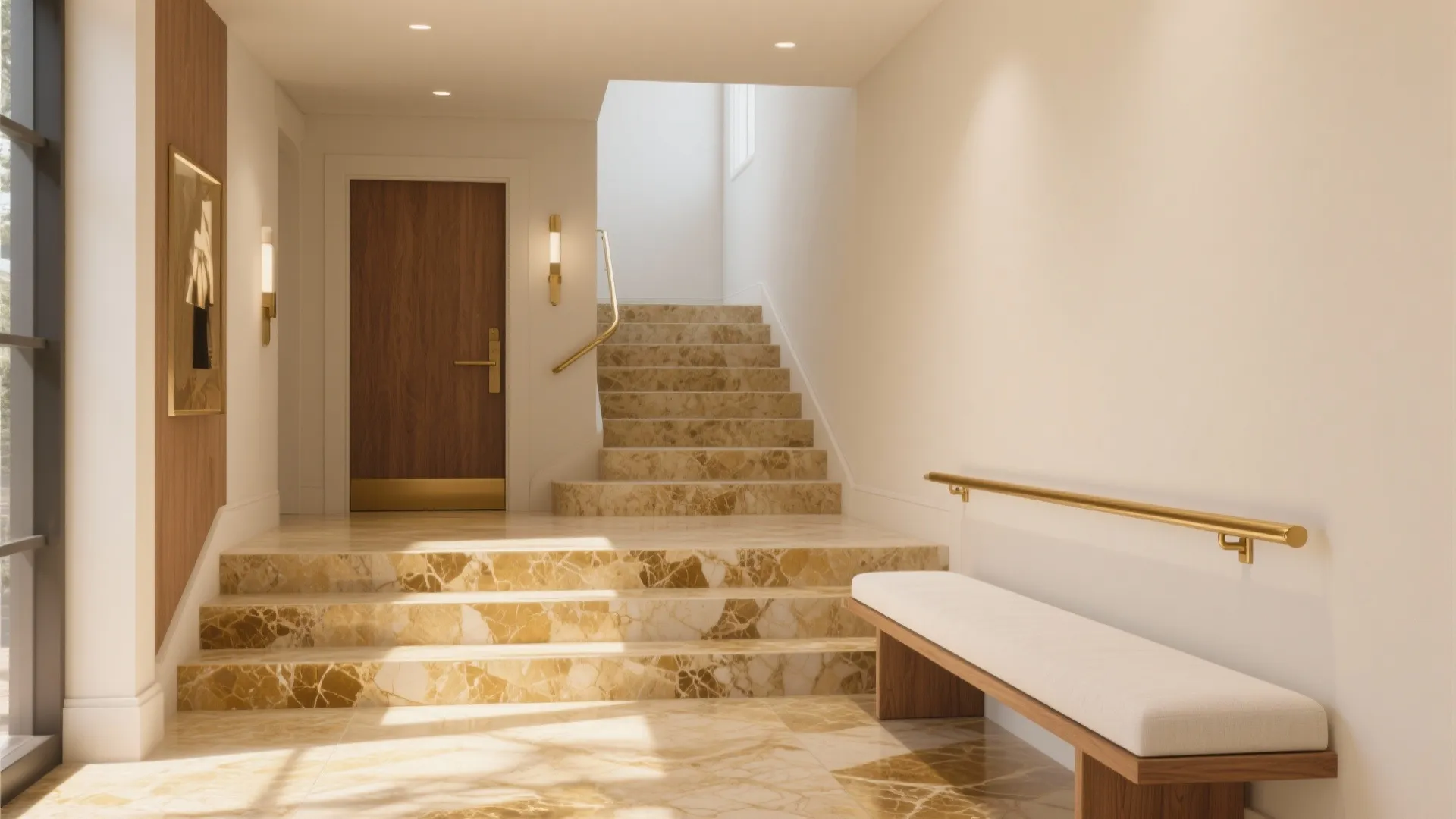 Modern interior entryway featuring marble stairs a wooden door white bench and gold wall light