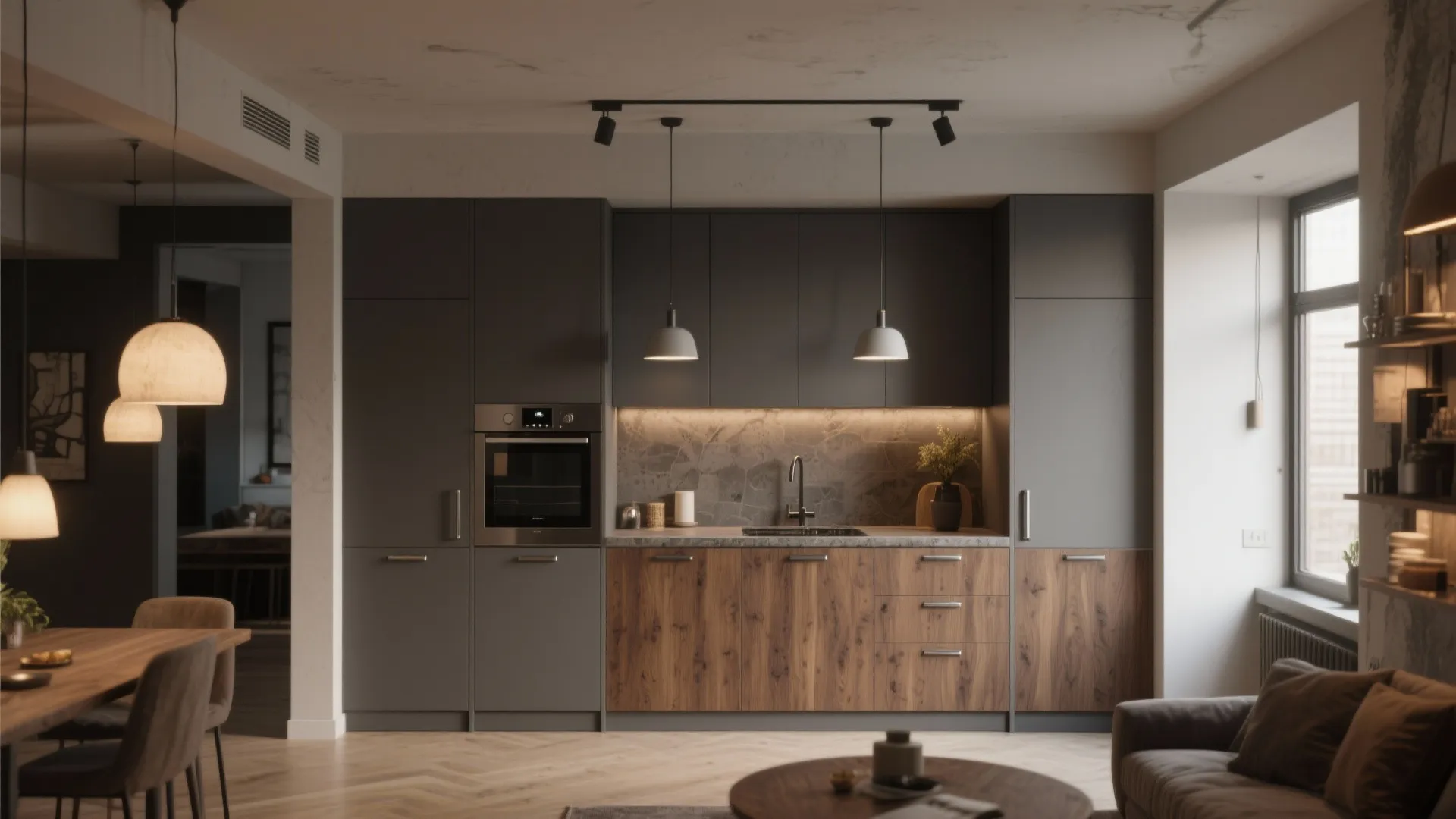Open-plan kitchen with warm graphite cabinets, wood accents and warm pendant light