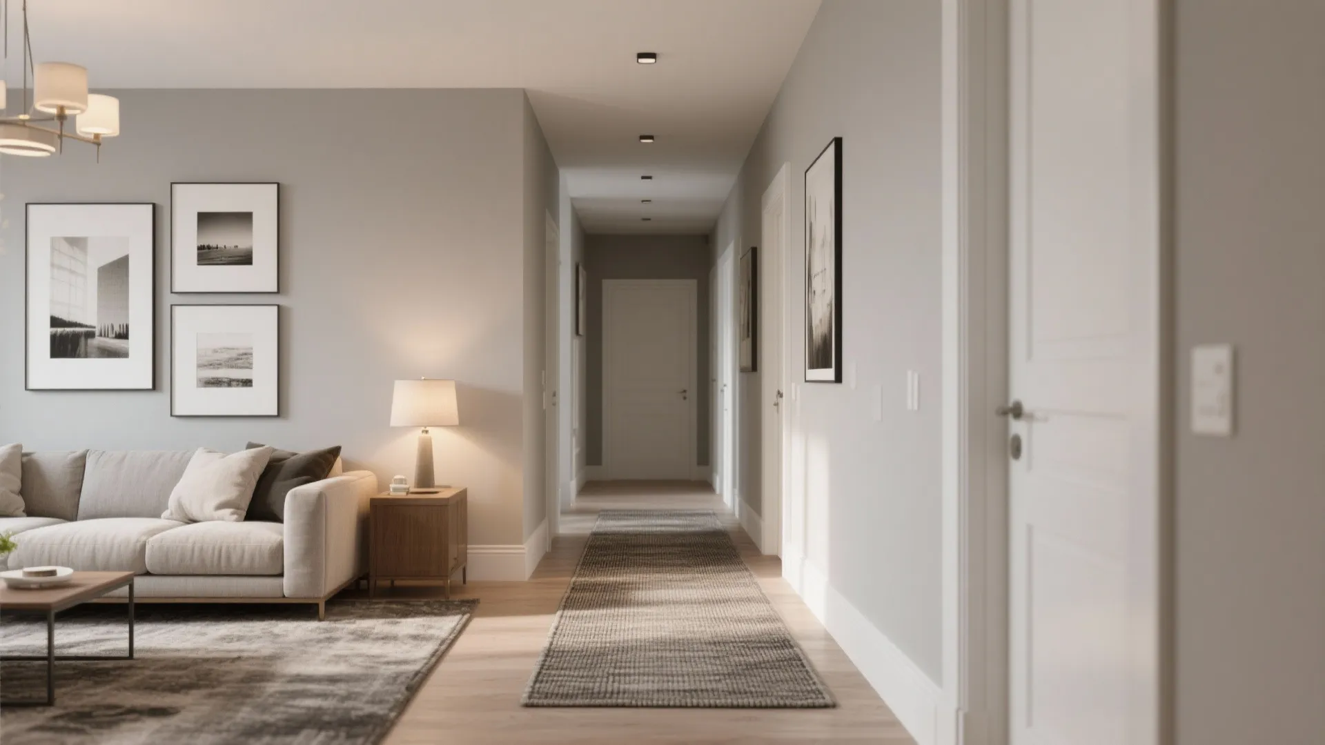 Living area and hallway in soft warm gray with white trim and textured accents for a modern, forgiving look.