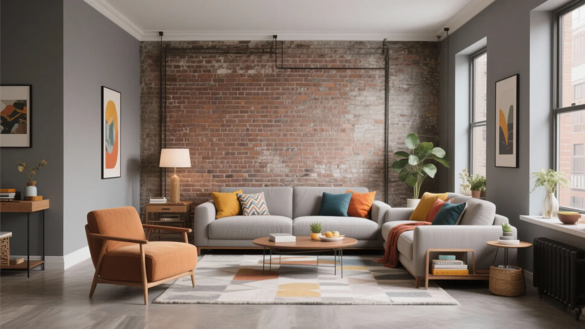 Industrial style living room with red brick wall grey sofa orange armchair and colorful patterned rug