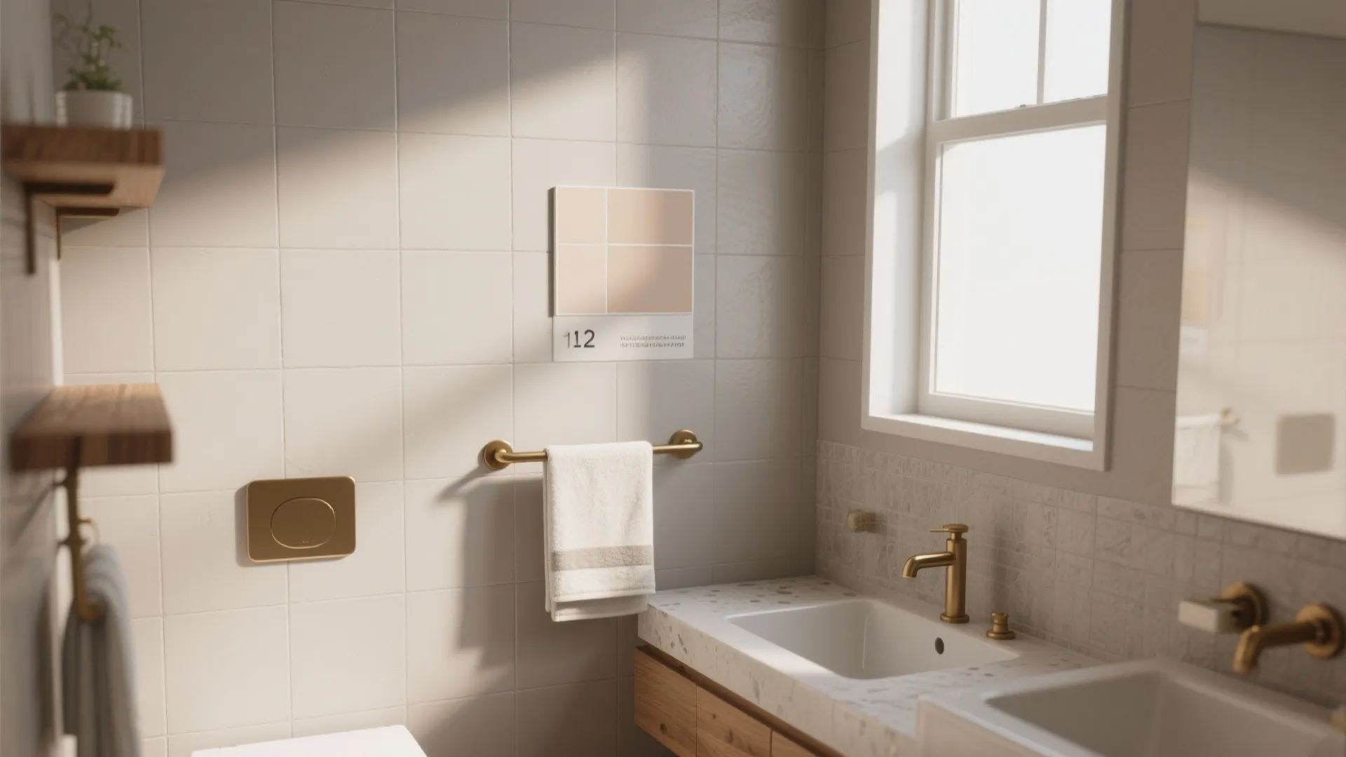 Small bathroom with pale warm gray walls, wood accents and matte brass fixtures under soft daylight.