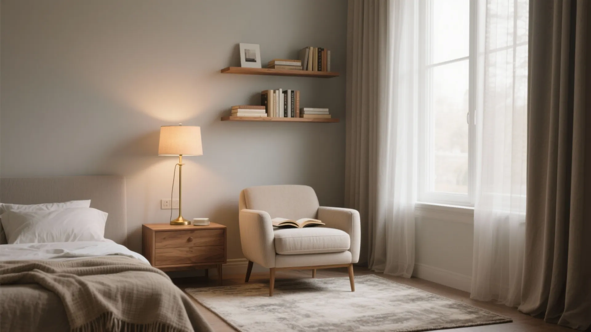 Cozy reading nook with warm light gray walls, oak shelf, armchair, and warm lamp light.