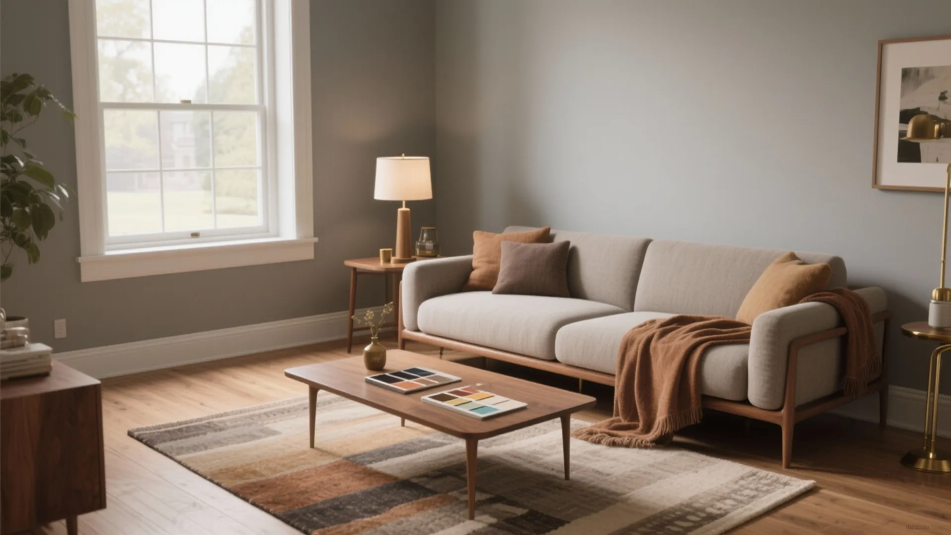 Warm living room with grey sofa, brown throw, wooden coffee table, rug and table lamp