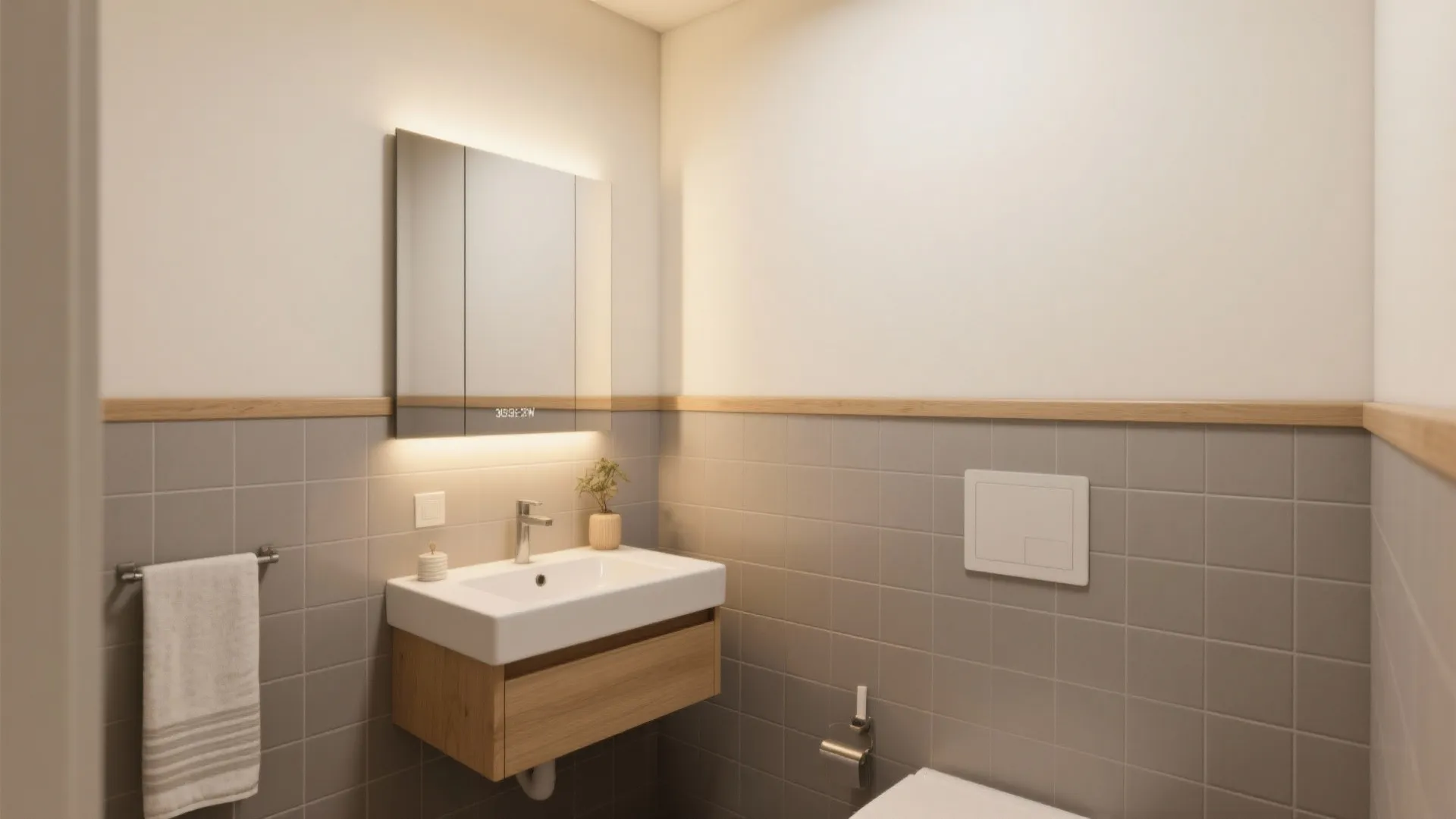 Small bathroom with warm-gray tiles and creamy painted upper walls under soft daylight.