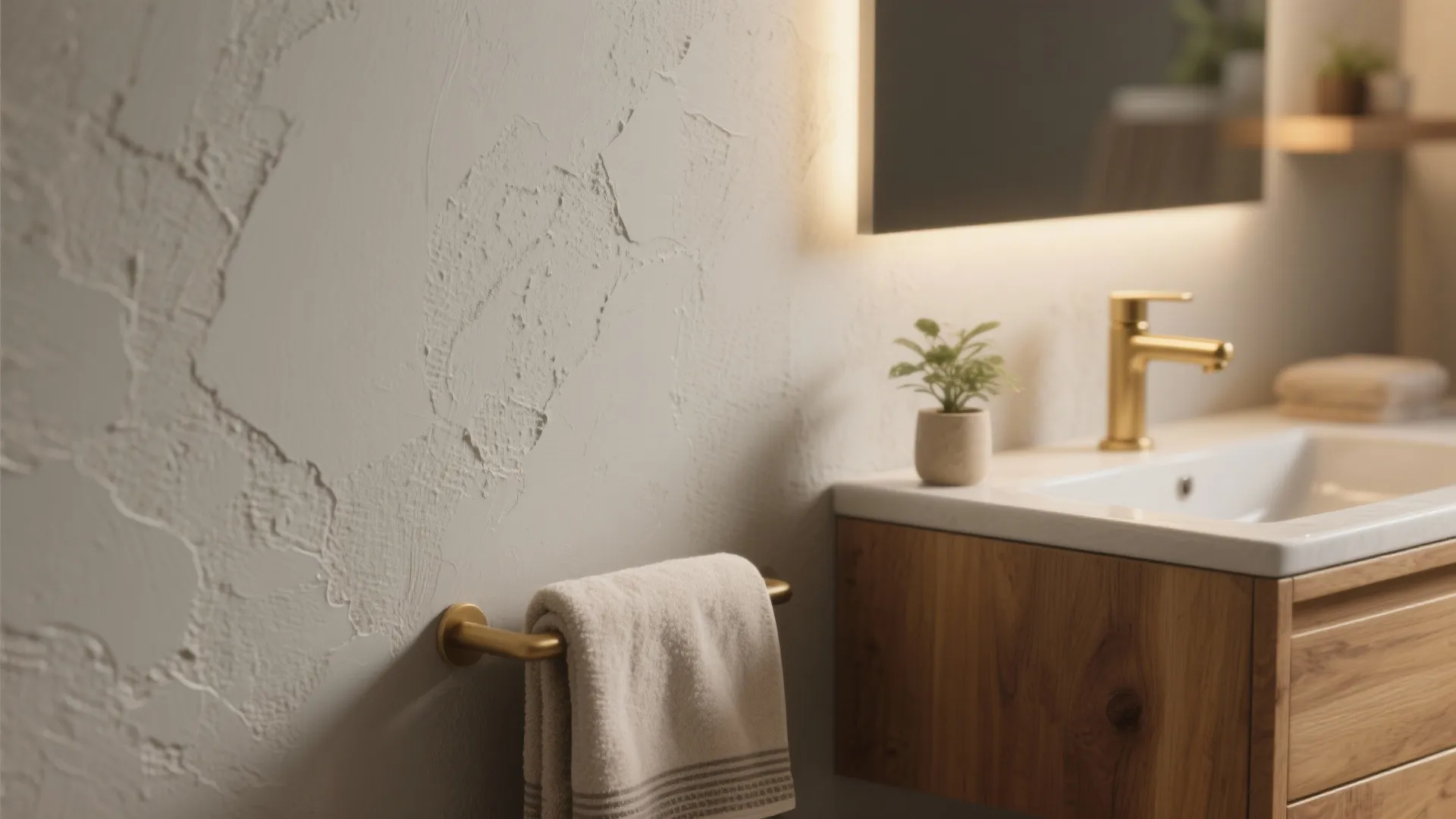 Close up of textured wall with gold towel rack, white towel, and wooden bathroom vanity