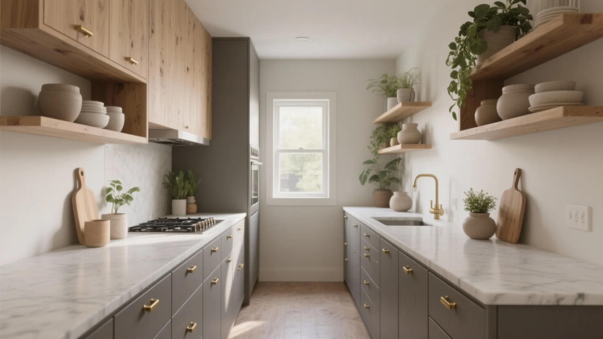 Long narrow kitchen featuring grey lower cabinets wooden upper shelves white marble countertops and natural light
