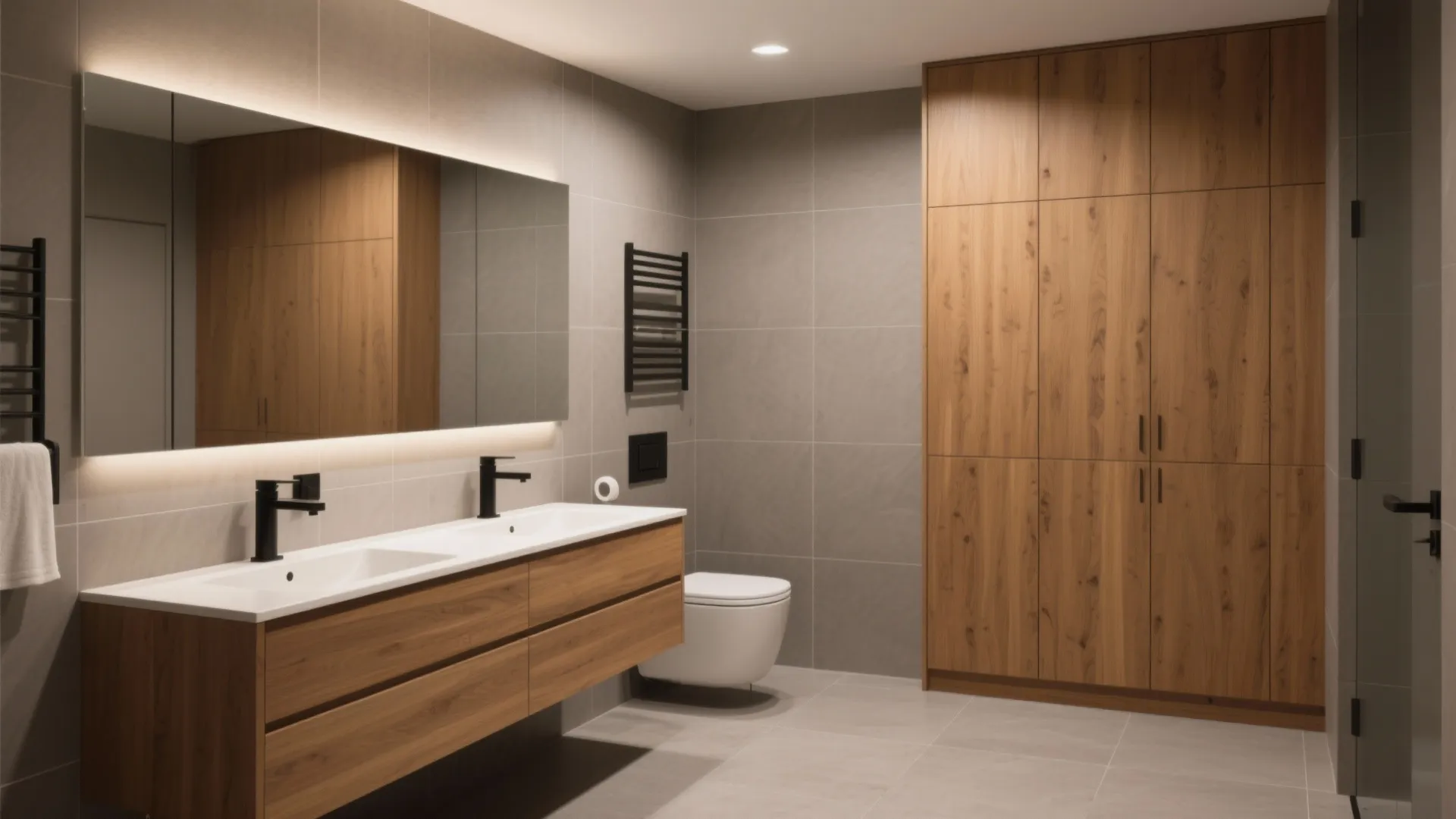 Bathroom with honey oak cabinets and warm gray walls