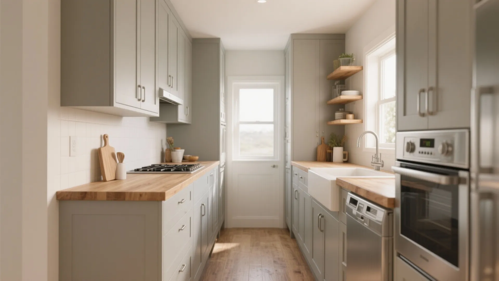 2. Warm-Gray Kitchen with Wood Tones