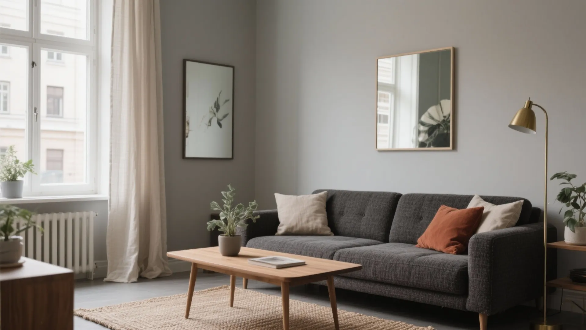 Modern living room with dark gray sofa, wooden coffee table, floor lamp, and wall art
