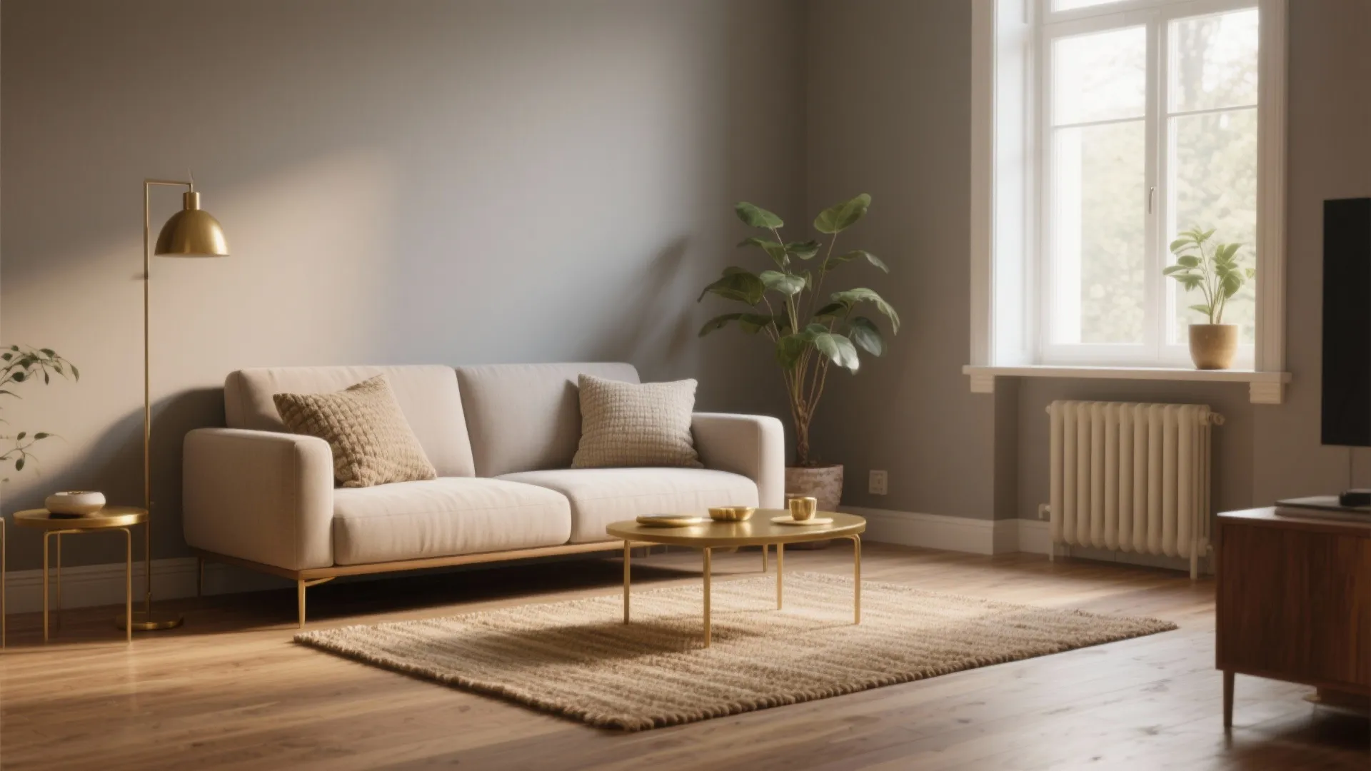 Minimalist living room with beige sofa gold coffee table floor light green plant and wooden floor