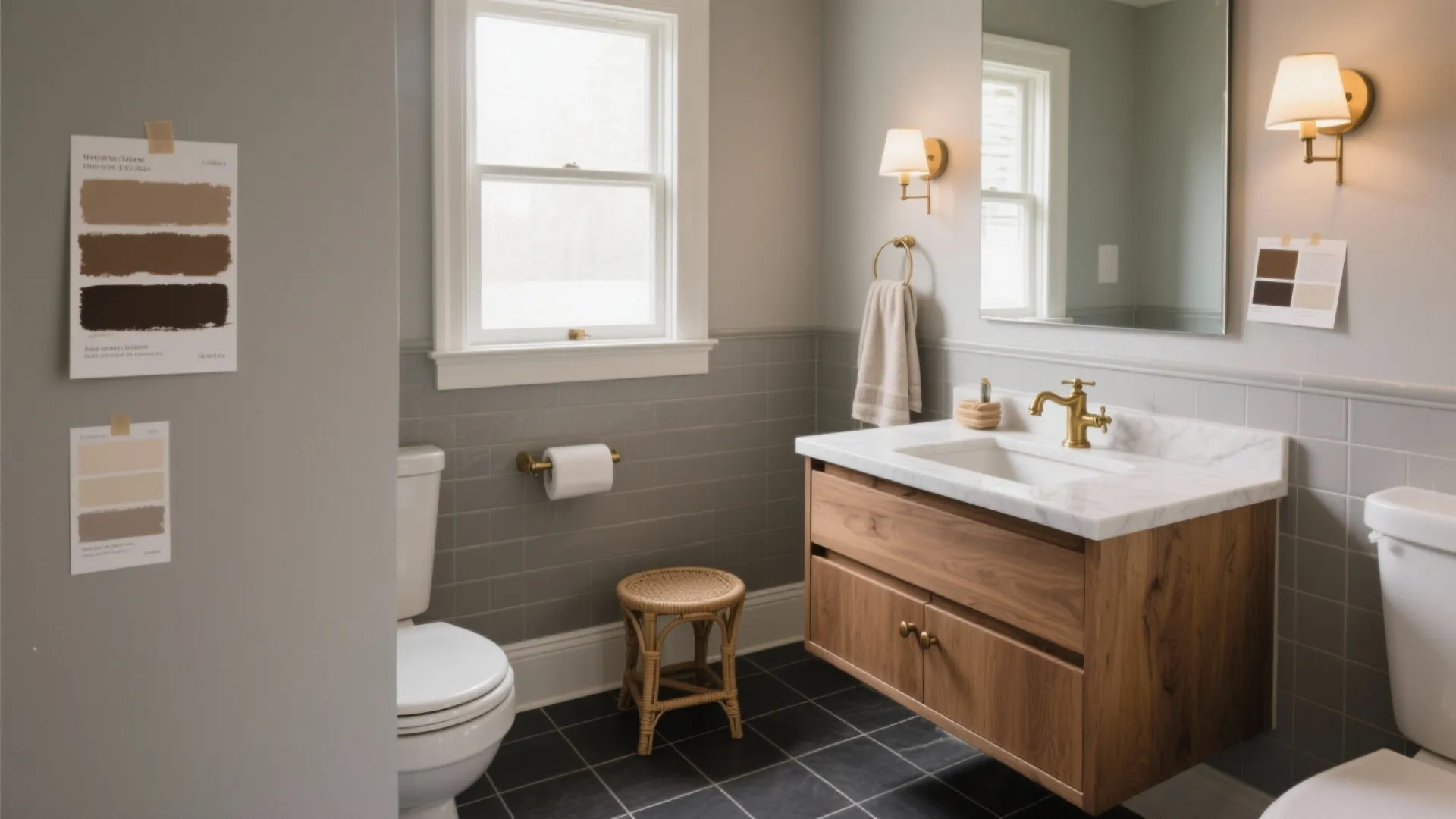 Traditional bathroom with grey wall panel wooden cabinet gold faucets white toilet and small woven stool