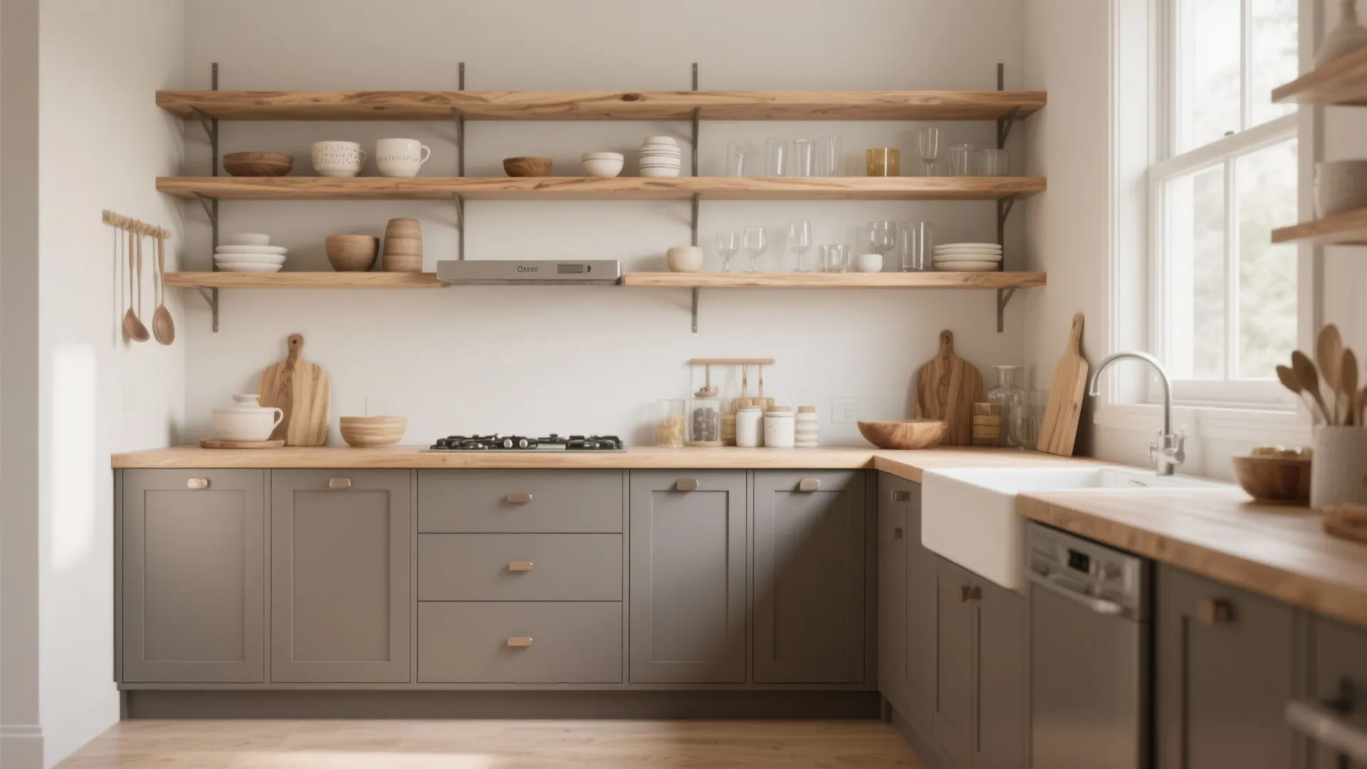 Modern kitchen with grey cabinets wood countertops open wall shelves white sink and window light