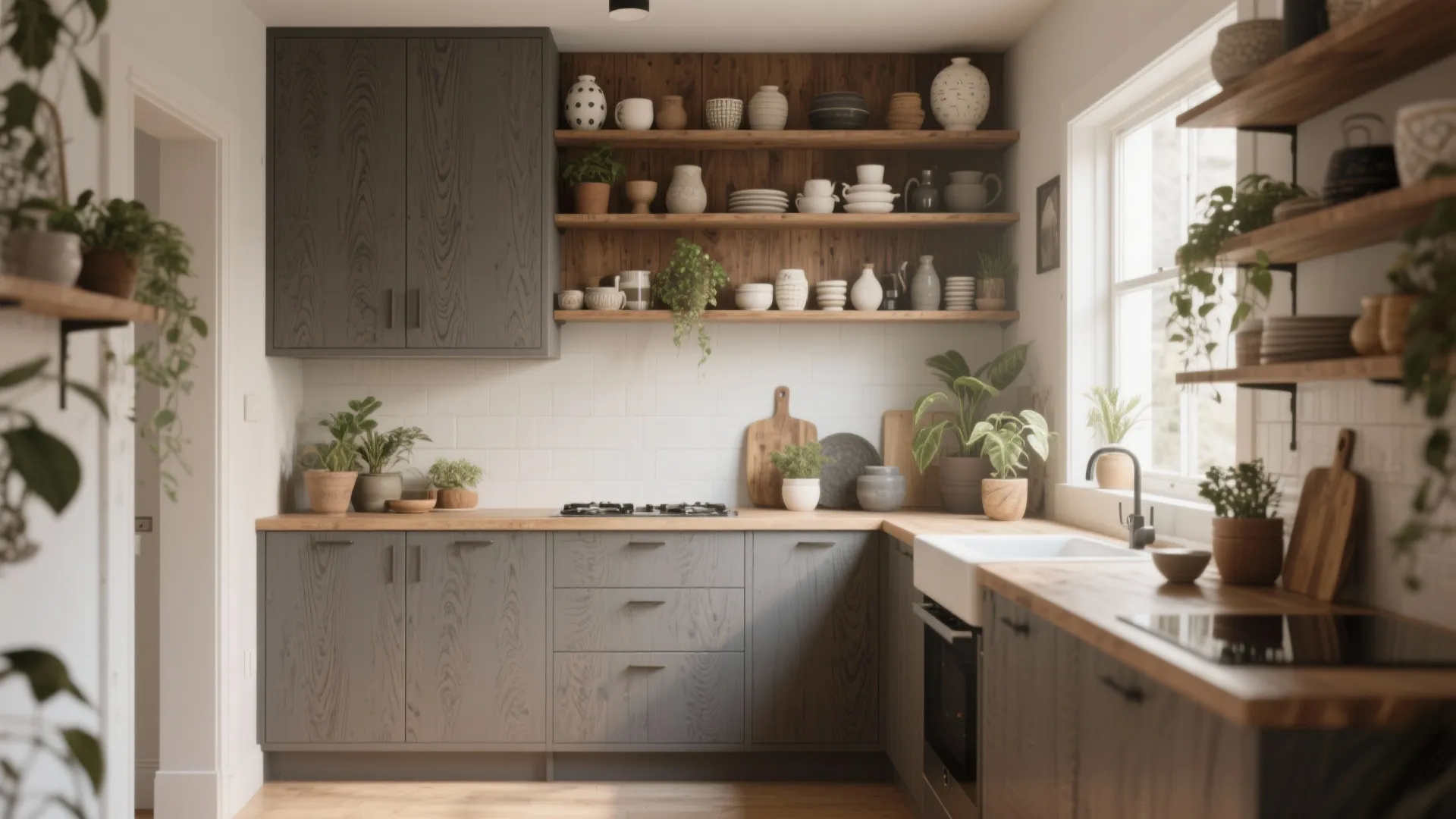 1. Warm gray with open shelving