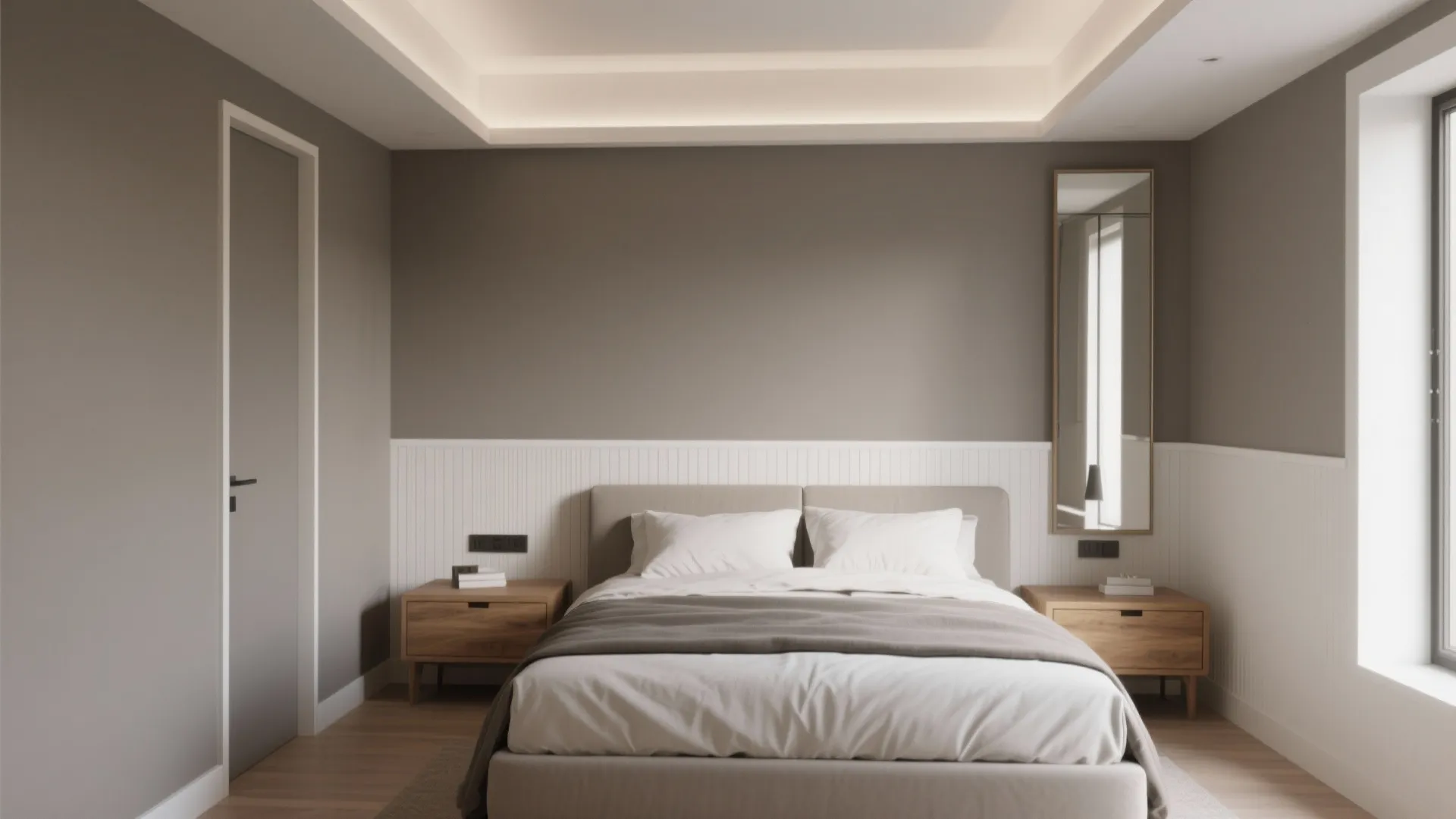 Modern bedroom with warm gray walls white wall panels wooden bedside tables and a bed