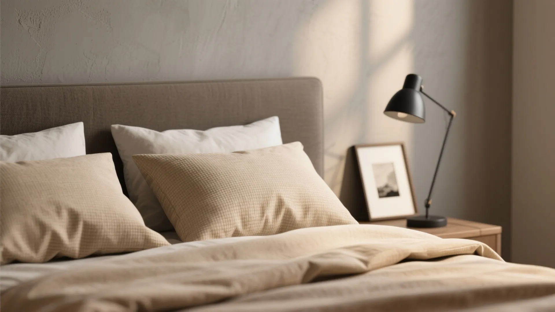 Close-up of sandy tan linen bedding against a warm gray wall with black bedside lamp