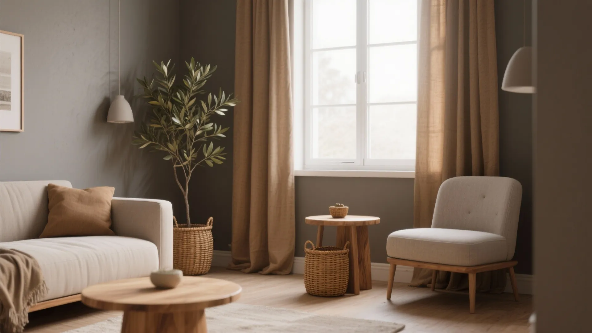 Cozy living room with beige sofa armchair wooden coffee table potted plant and brown curtains