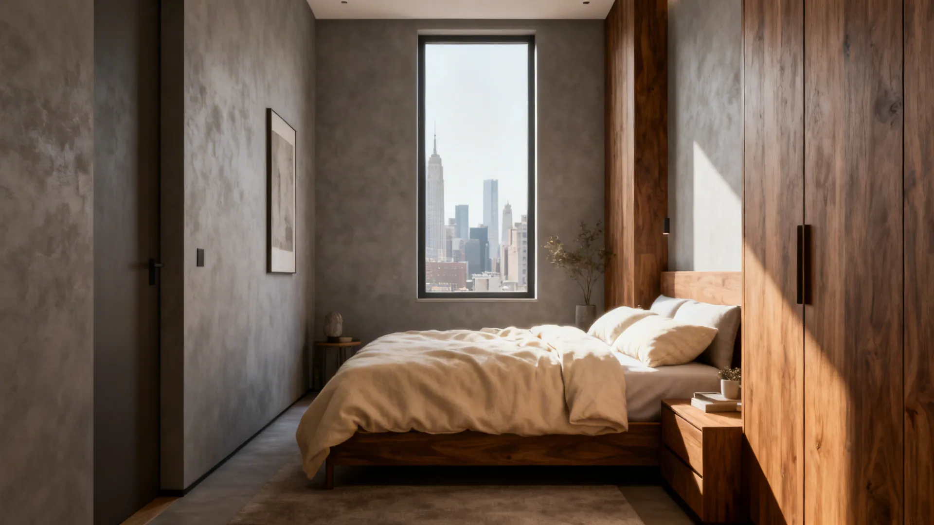 Narrow master bedroom with soft warm gray-taupe walls, warm wood furniture and a cream duvet.