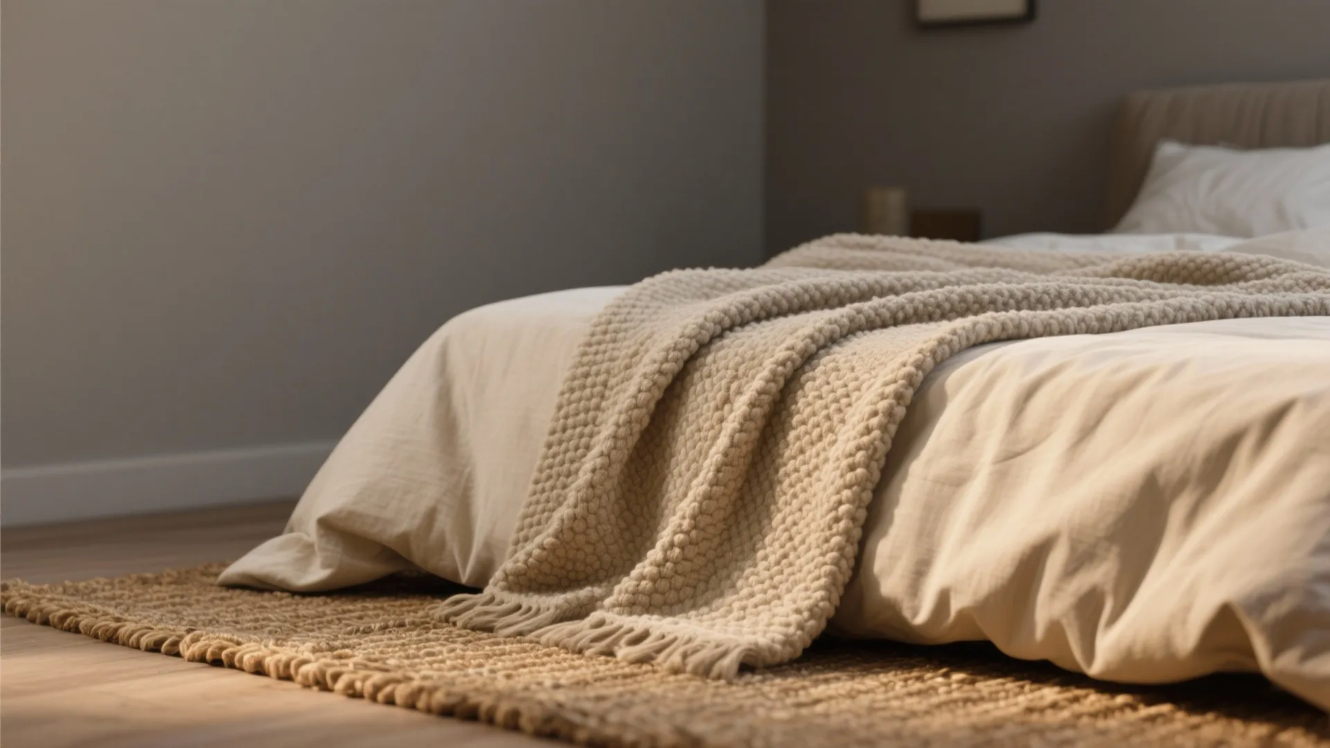 Close-up of beige linens, boucle throw and sisal rug against warm gray wall.