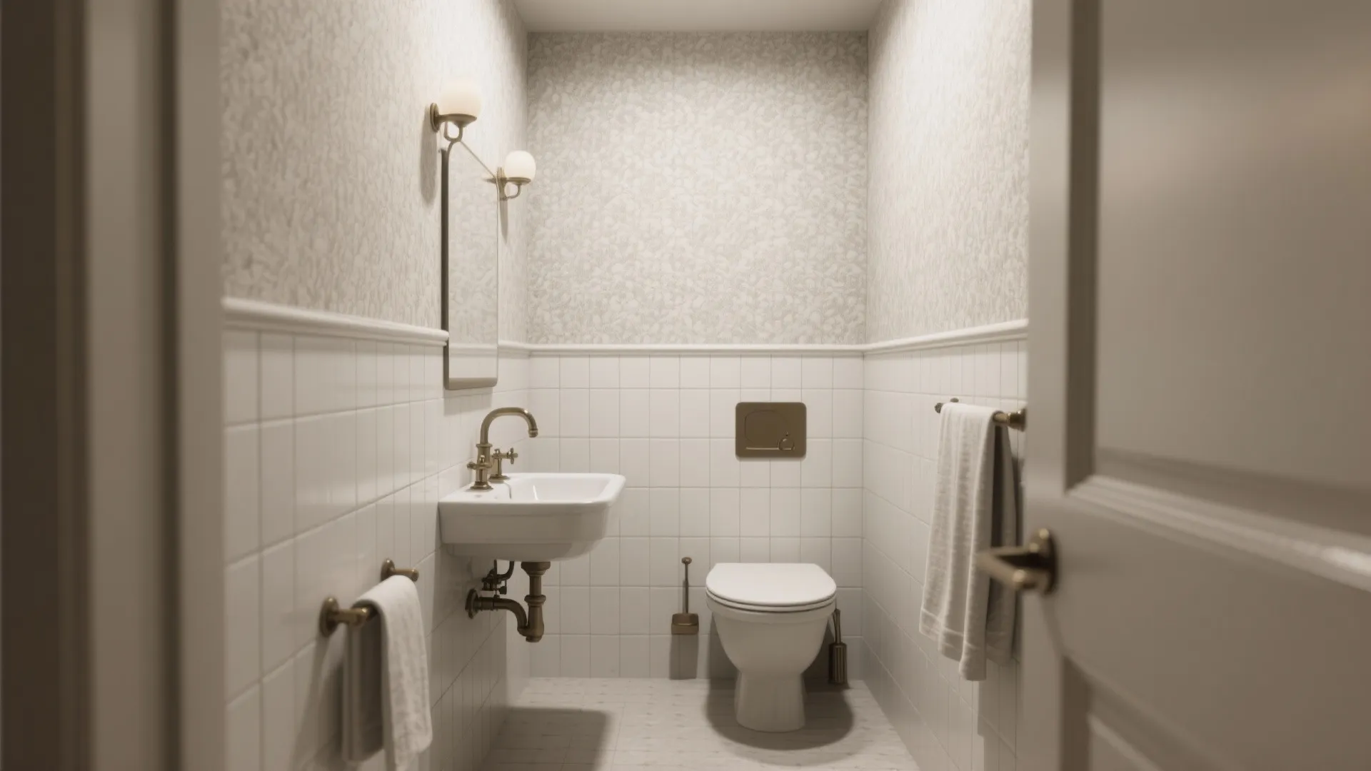 Small bathroom with white wall tiles, patterned wallpaper, brass faucet, white toilet, and wall lights