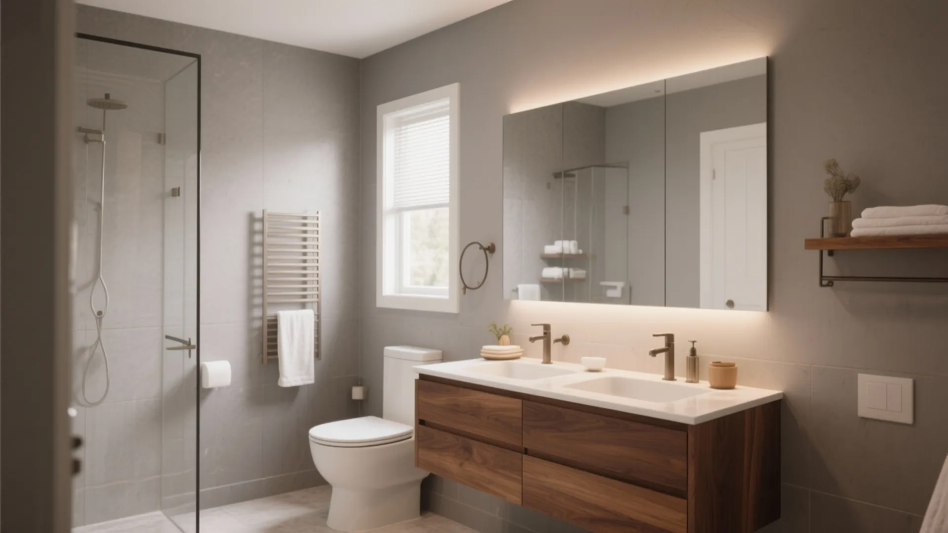 Modern bathroom featuring warm gray walls wooden cabinet double sink large mirror and glass shower door