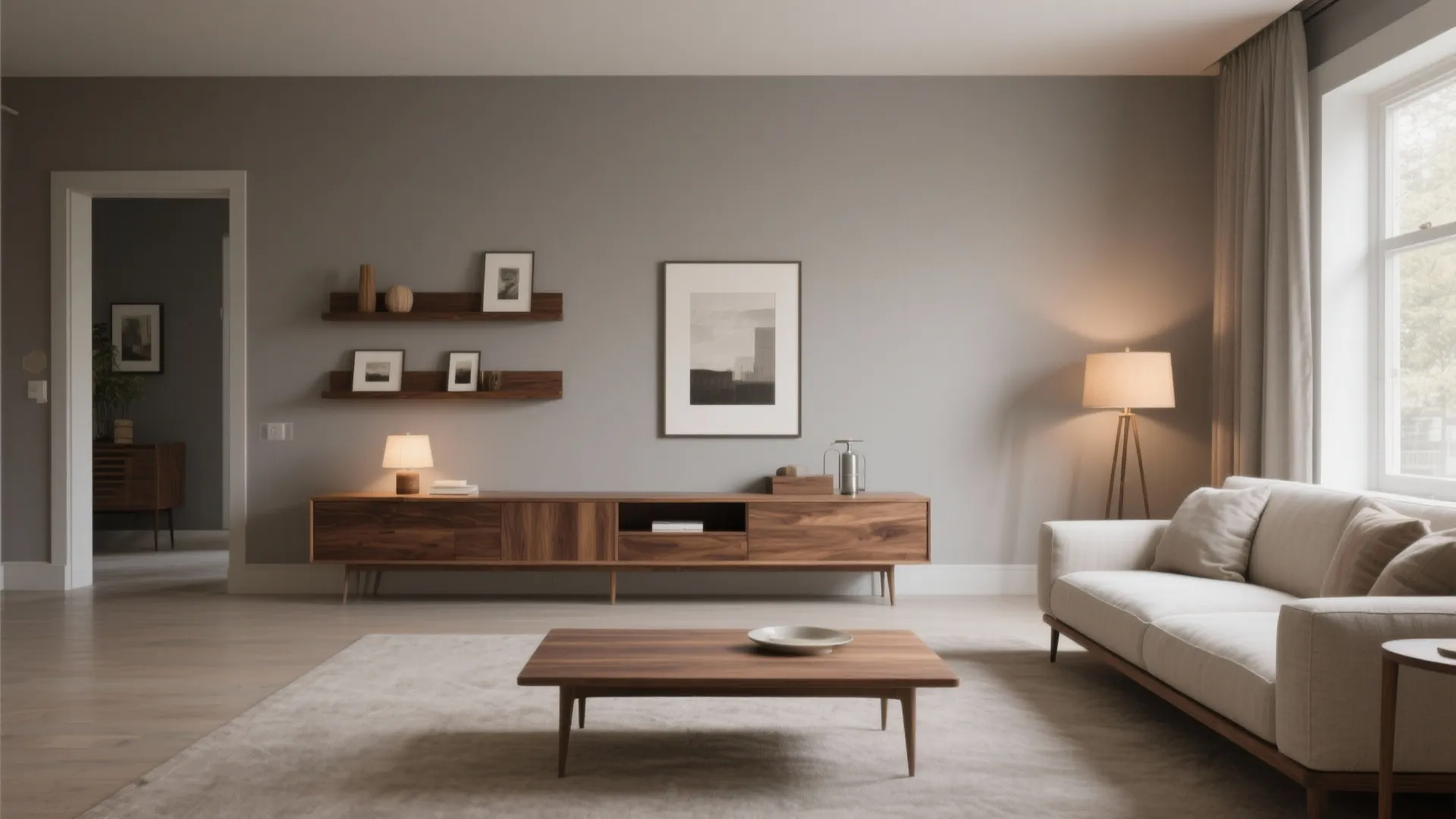 Modern gray living room with wooden cabinet coffee table white sofa floor lamp and rug