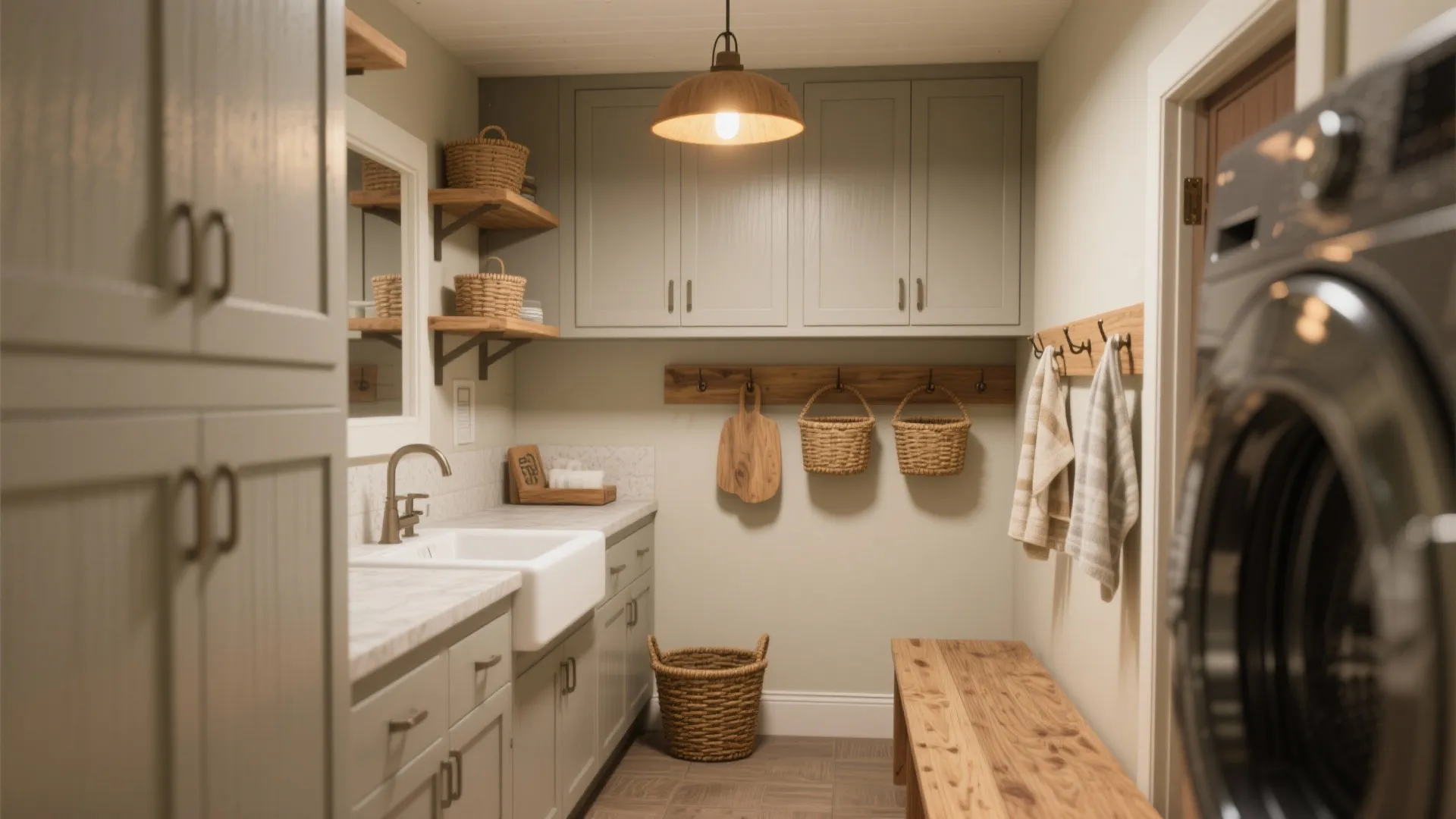 Warm gray with wood accents