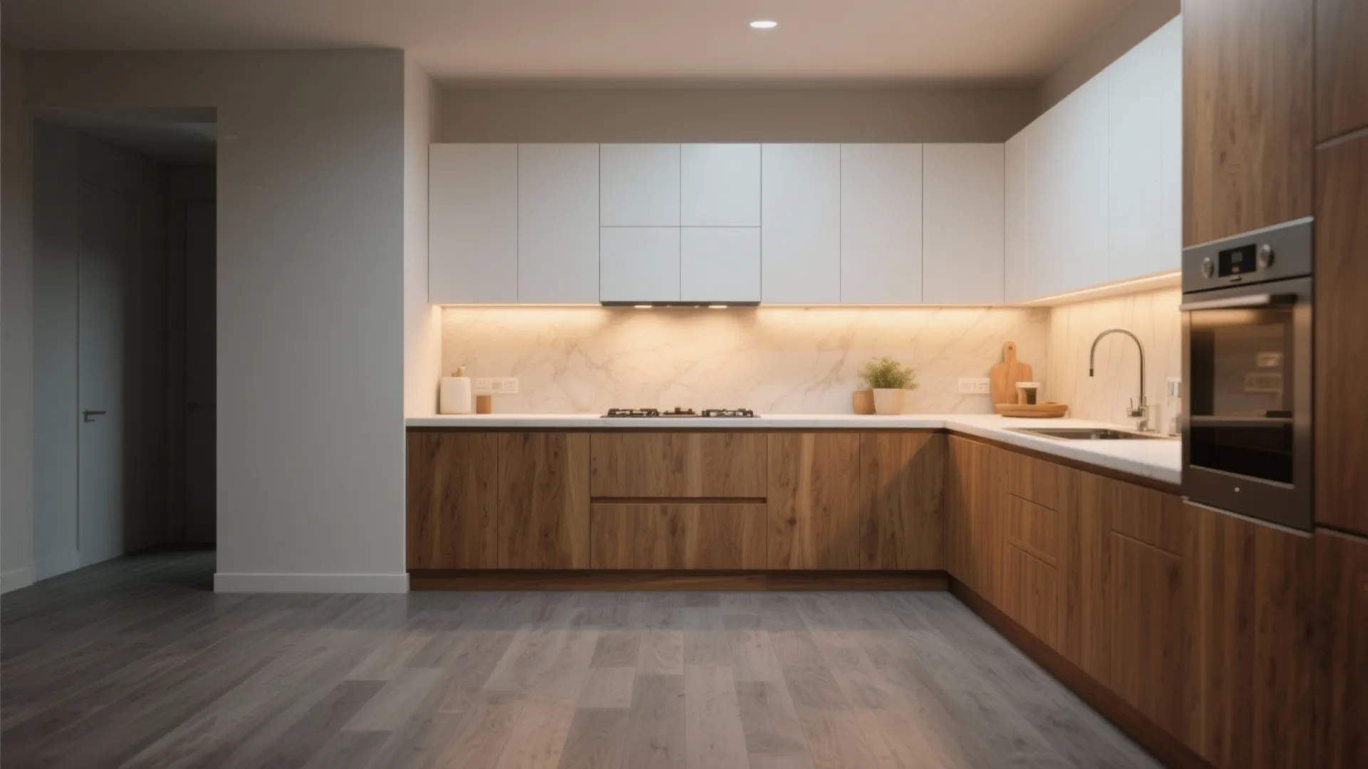 Modern kitchen with wood lower cabinets white upper cabinets warm under cabinet lighting and floors