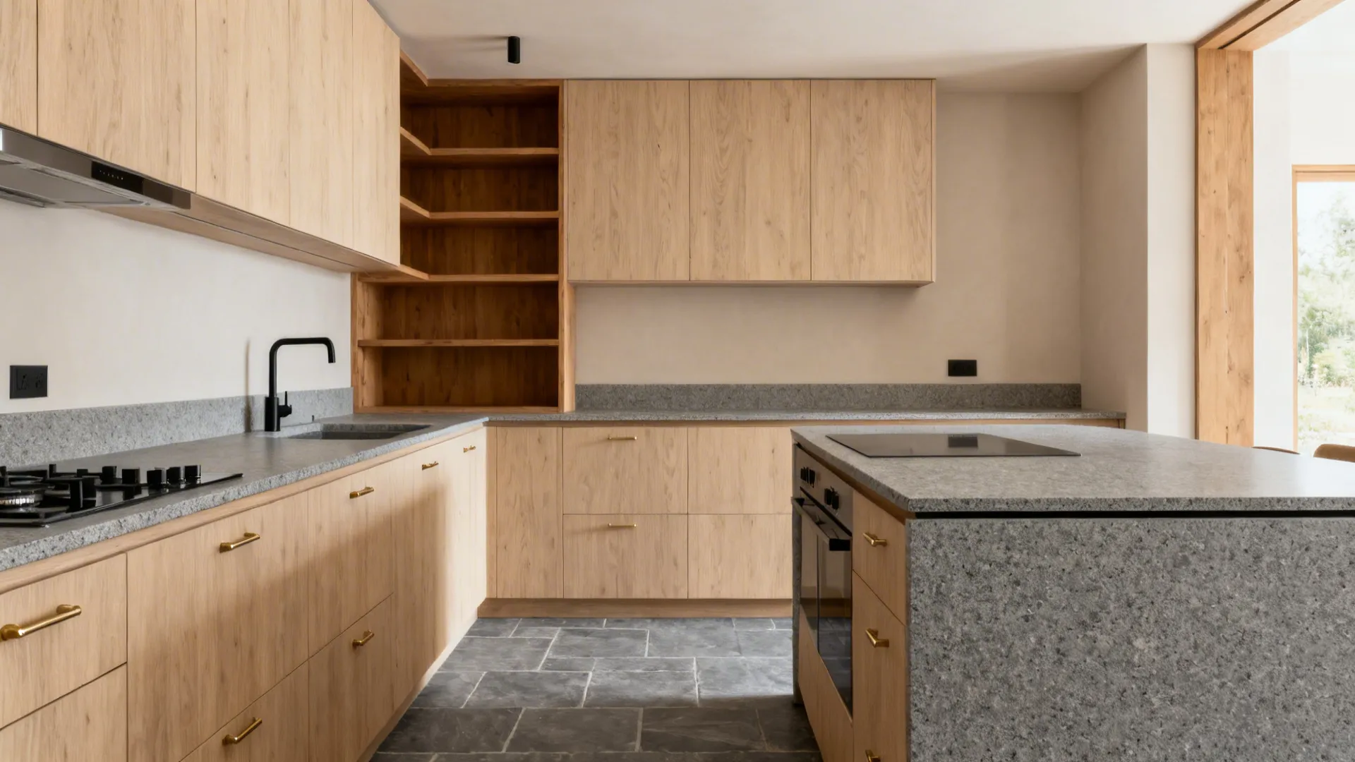 Warm gray kitchen with light ash wood accents and medium-gray granite surfaces.