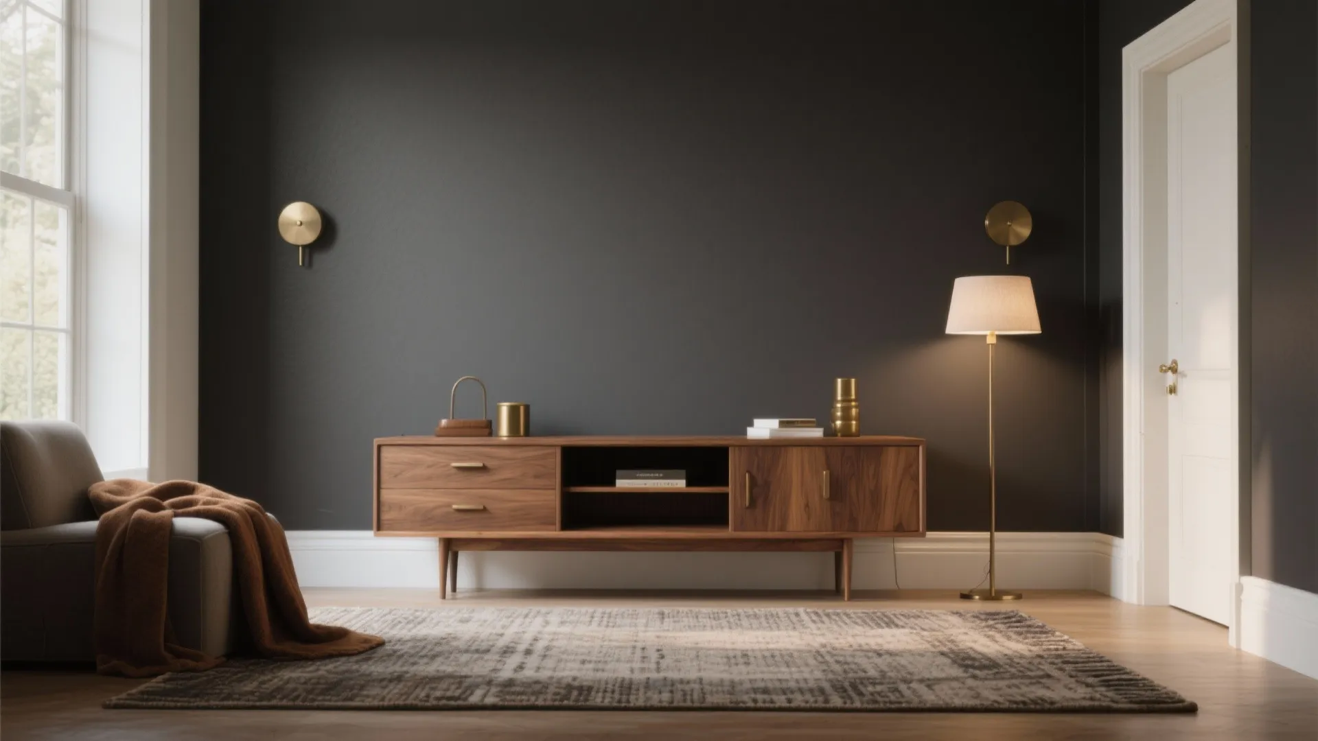1. Warm Gray Accent with Wood and Brass