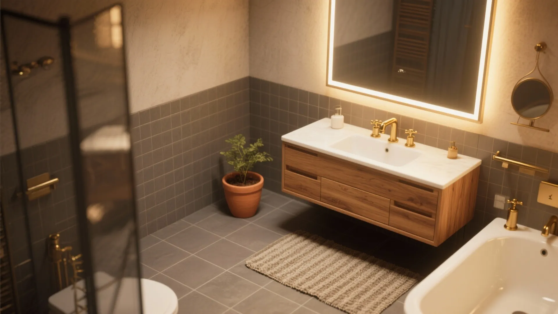 Modern bathroom with wood cabinet gold faucet lighted mirror gray wall tiles and white bathtub