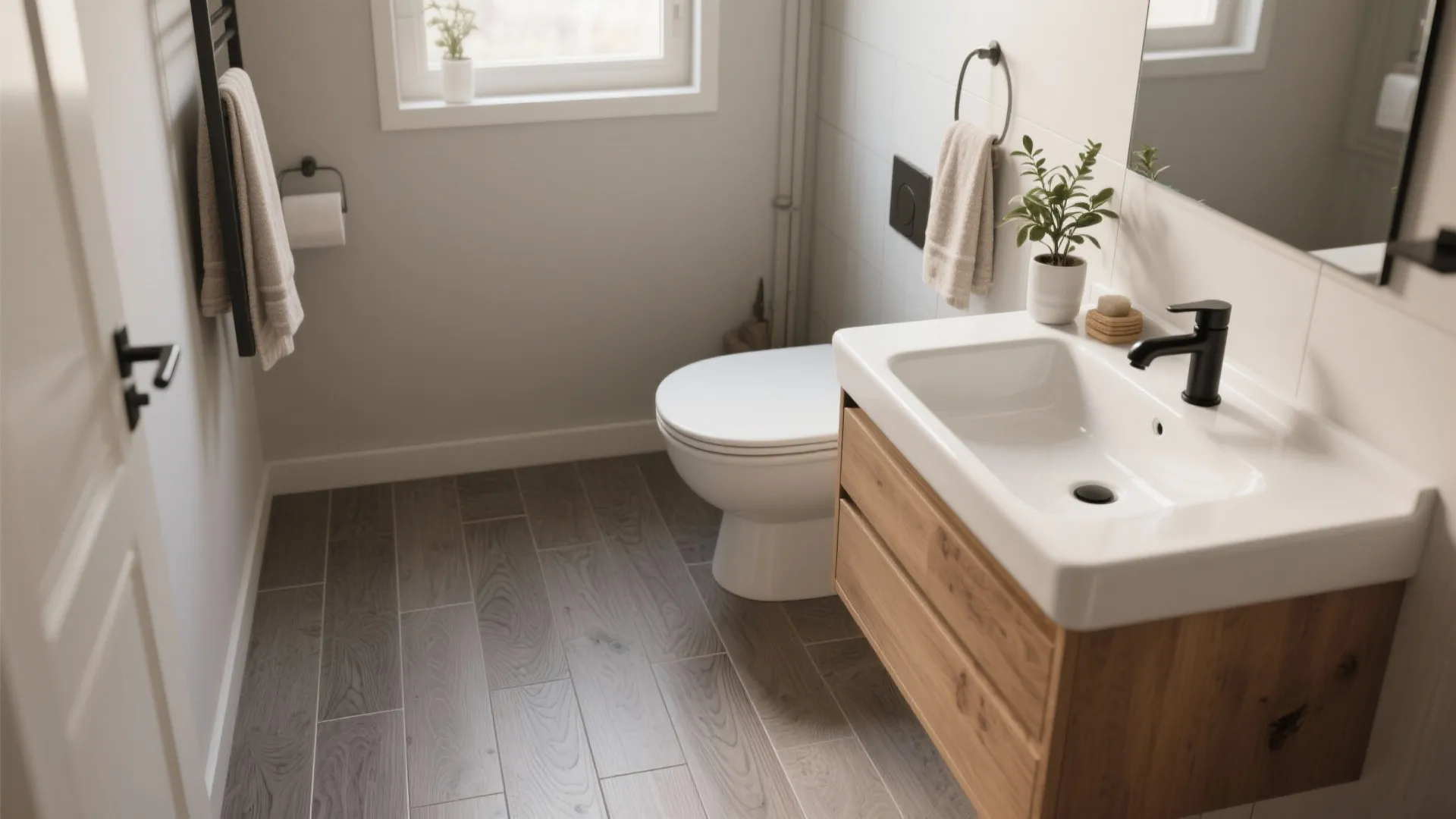 Small bathroom featuring wood look floor tiles wooden cabinet white sink toilet and natural light