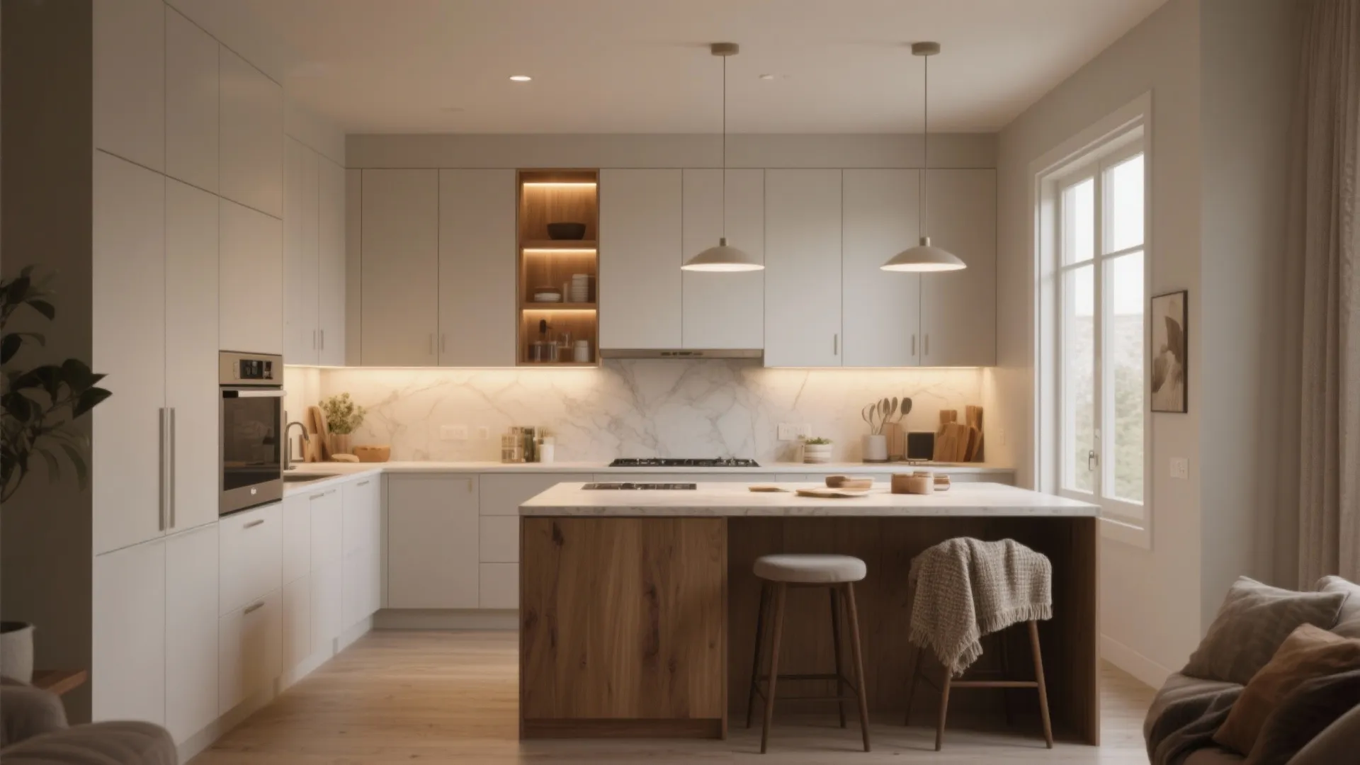 Warm greige kitchen with white cabinets marble backsplash wood island and two white hanging lights